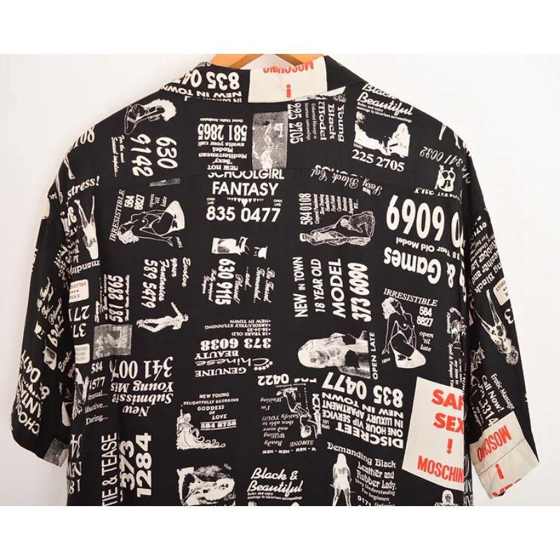 Incredible Vintage 1990s Moschino 'Safe Sex / Adult Ads' patterned shirt in a black with white & red coloured print throughout. 

MADE IN ITALY !

Features:
Central line button fasten
Rare 'Safe Sex' pattern
Short Sleeves
Chest Pockets
Oversized