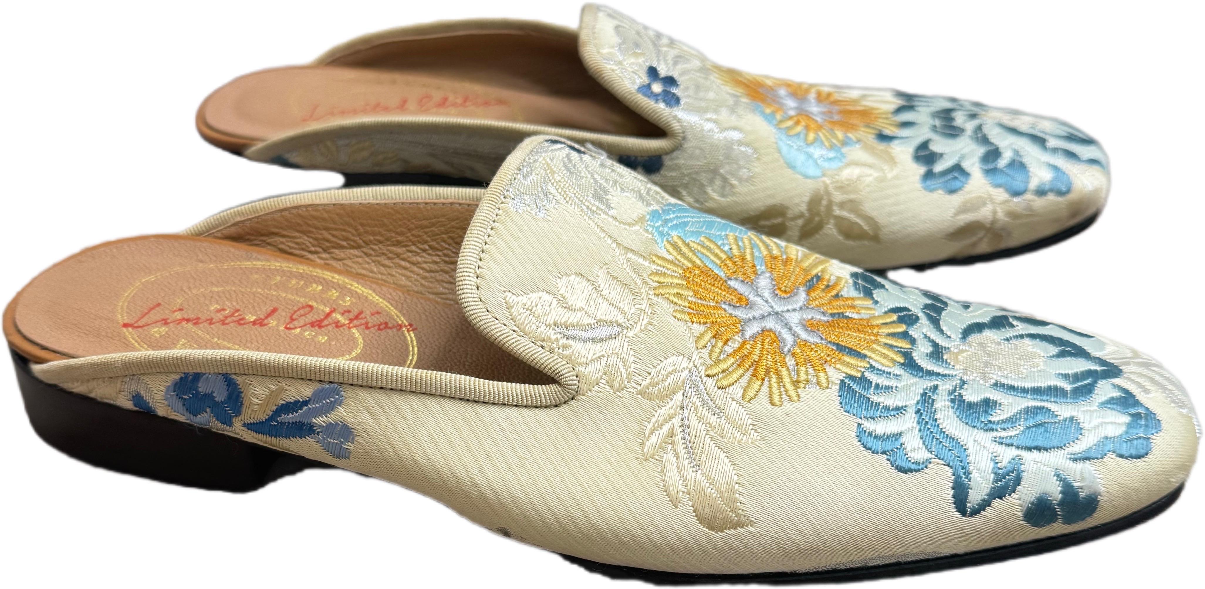 Rare 1990s Stubbs & Wootton Palm Motif Embroidered Jacquard & Leather Mules 8.5 For Sale 5