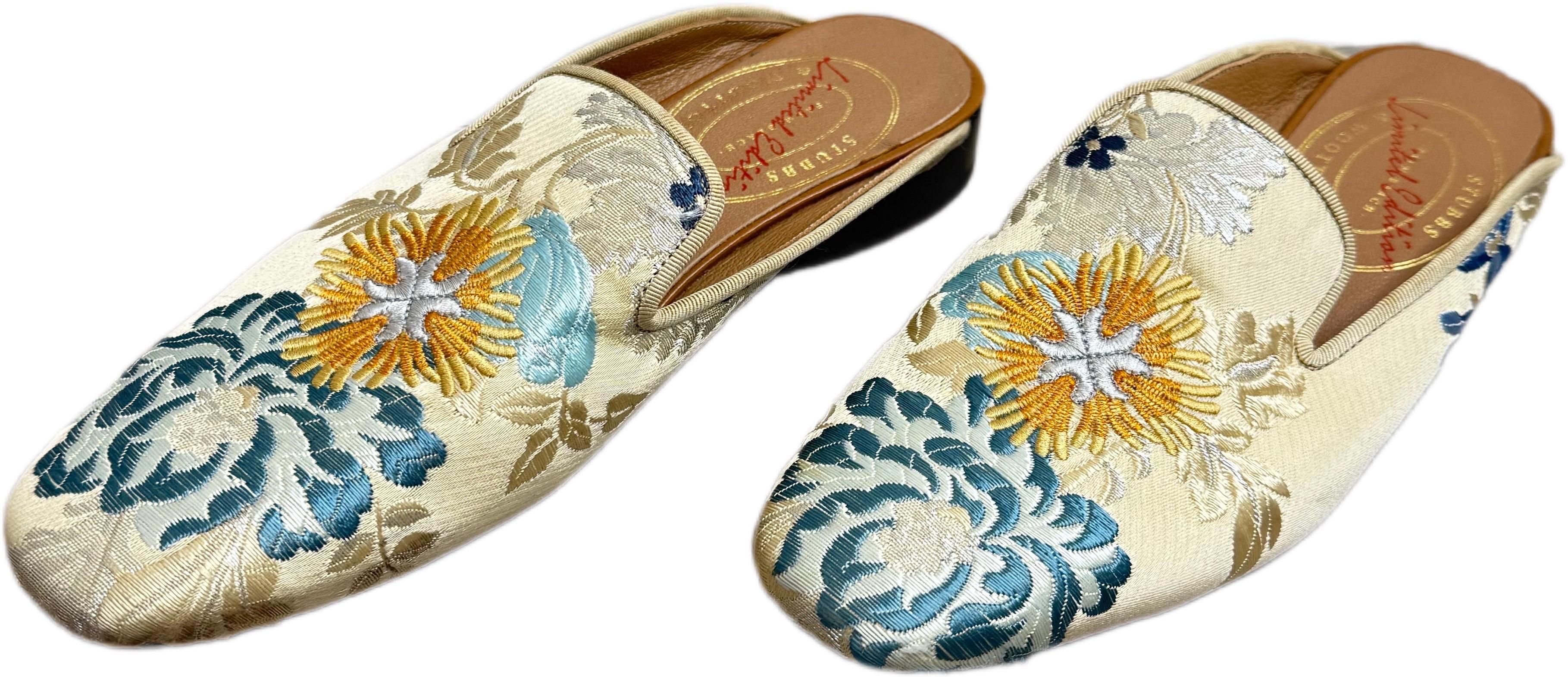 Rare 1990s Stubbs & Wootton Palm Motif Embroidered Jacquard & Leather Mules 8.5 For Sale 6