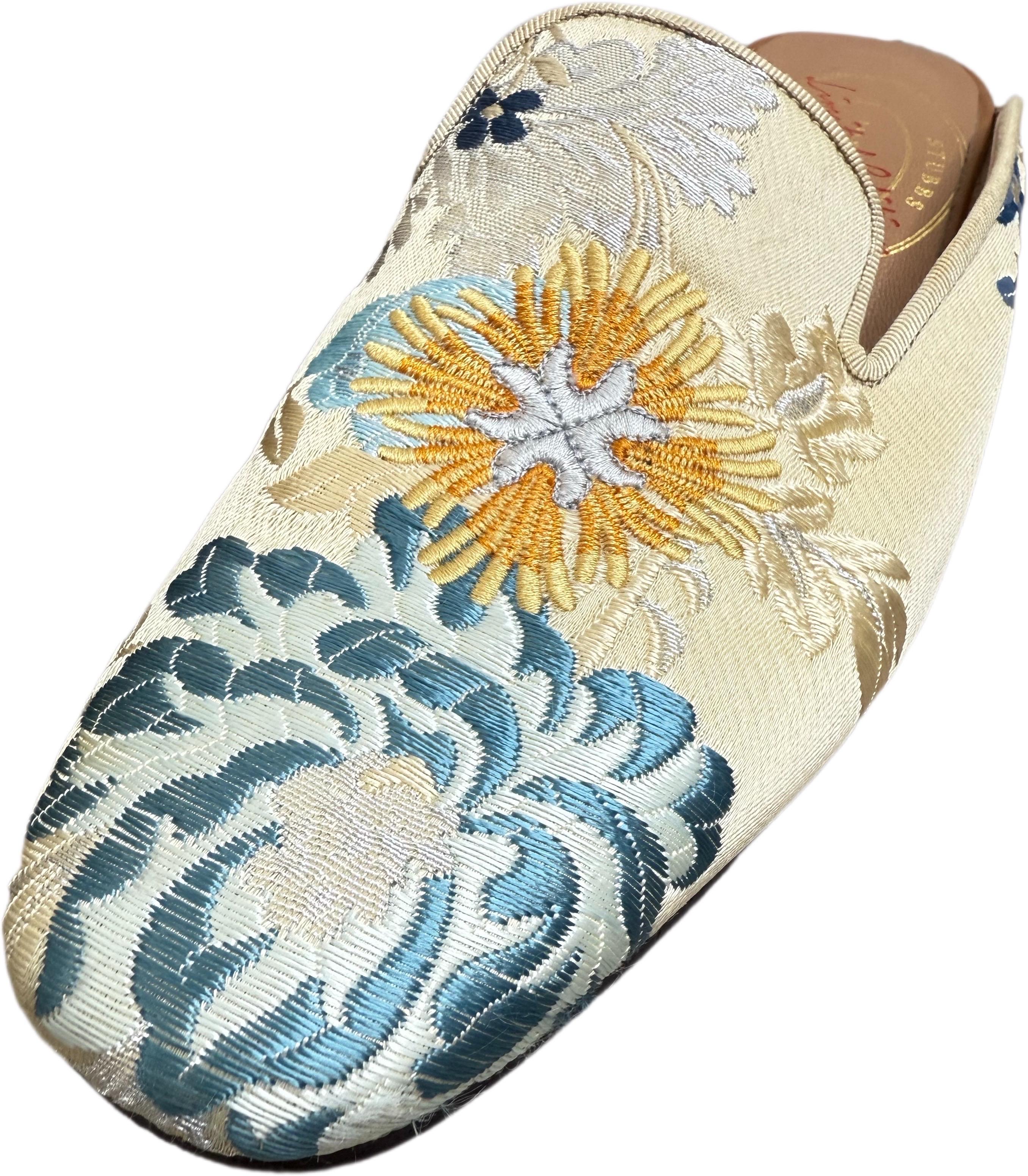 Rare 1990s Stubbs & Wootton Palm Motif Embroidered Jacquard & Leather Mules 8.5 For Sale 7