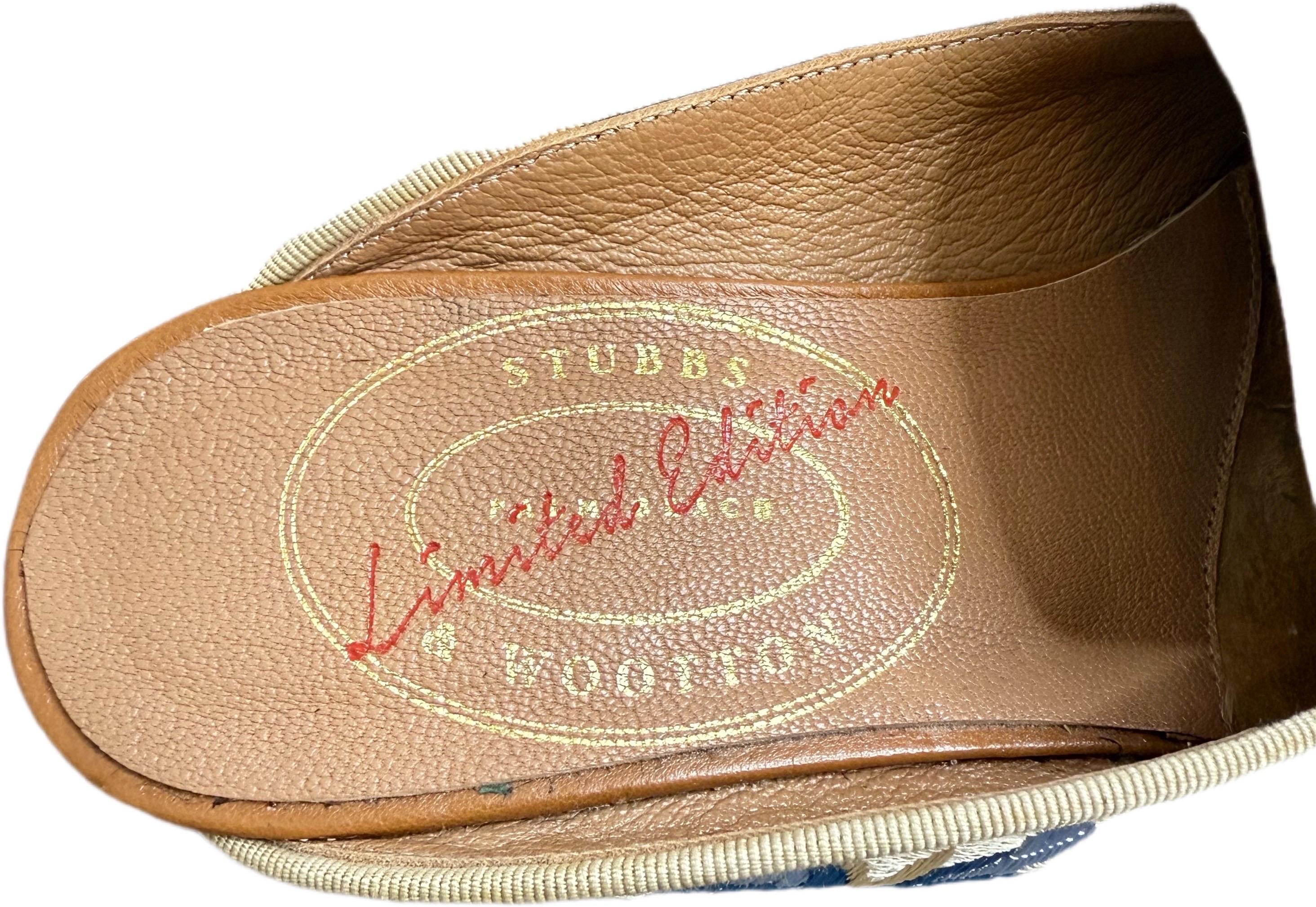 Rare Stubbs & Wootton Limited Edition Palm Beach Mules – Size 8.5

Offered here is a rare and collectible pair of vintage late 90s Stubbs & Wootton limited edition mules, impeccably crafted in Spain. These refined slip-on shoes feature a beautifully