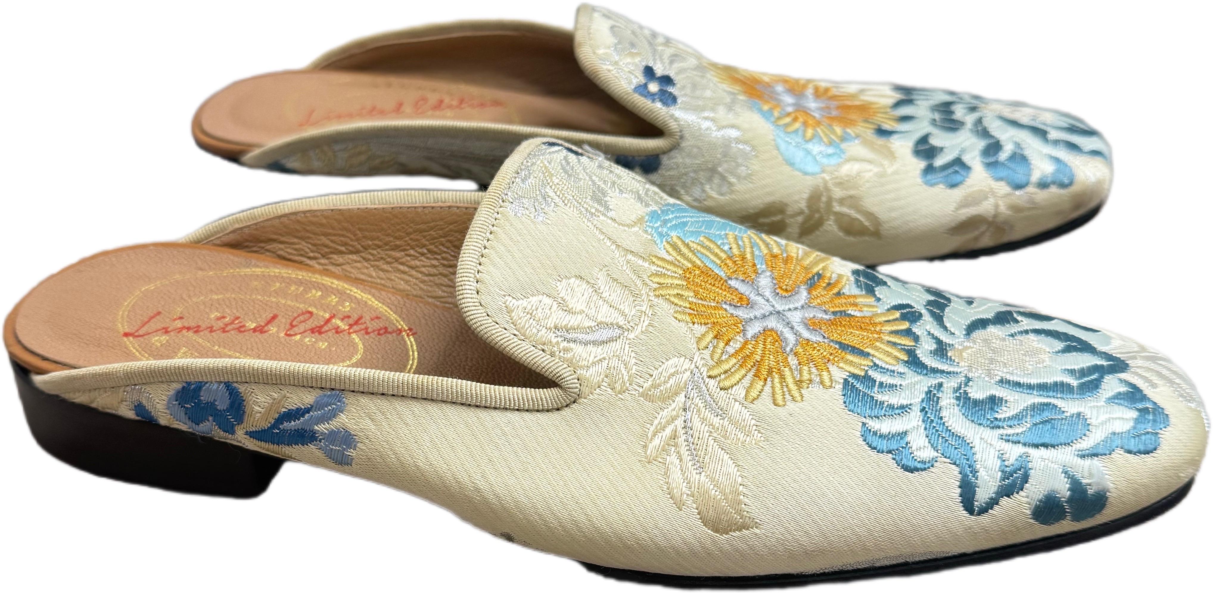 Beige Rare 1990s Stubbs & Wootton Palm Motif Embroidered Jacquard & Leather Mules 8.5 For Sale