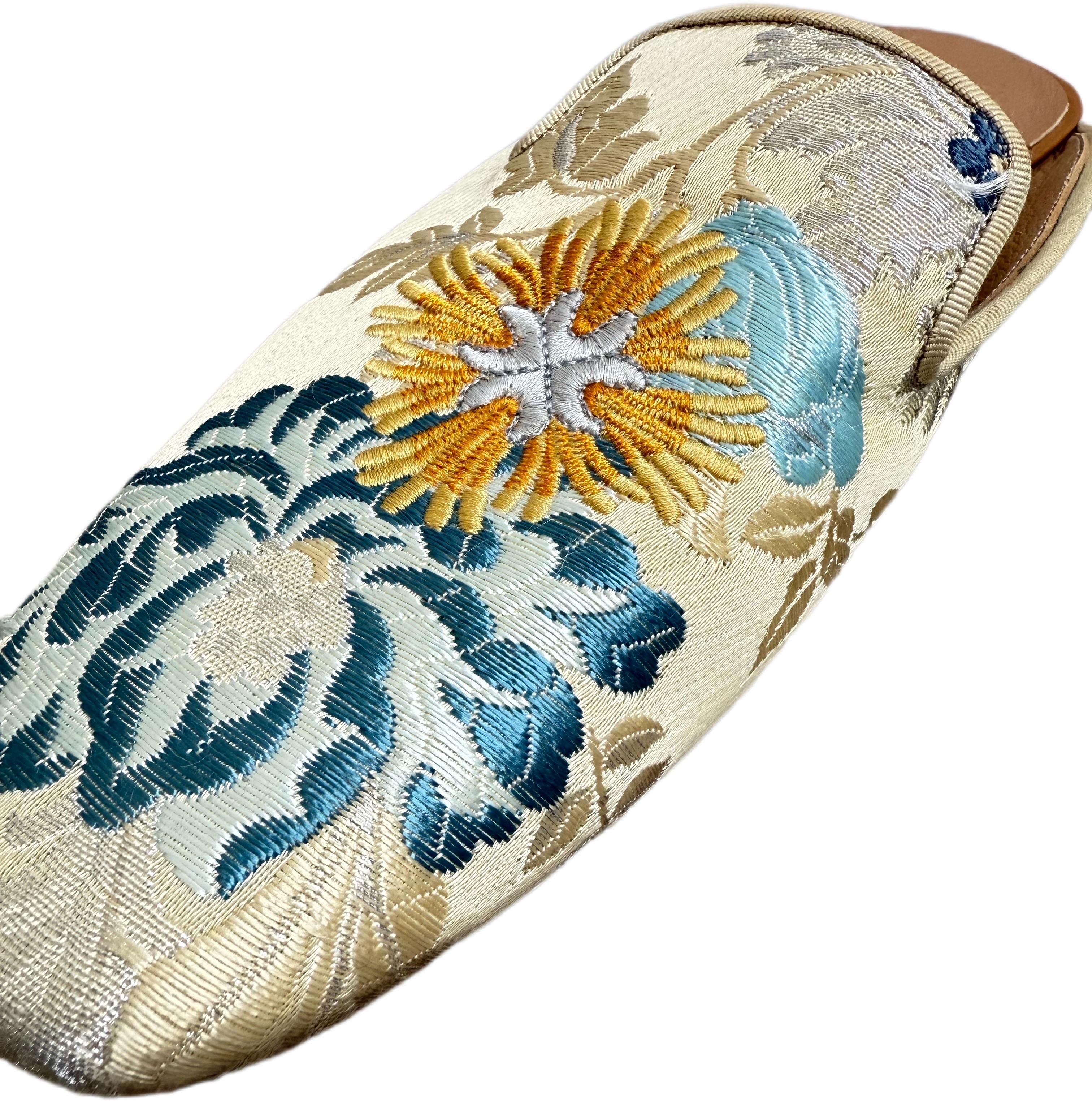 Rare 1990s Stubbs & Wootton Palm Motif Embroidered Jacquard & Leather Mules 8.5 For Sale 3
