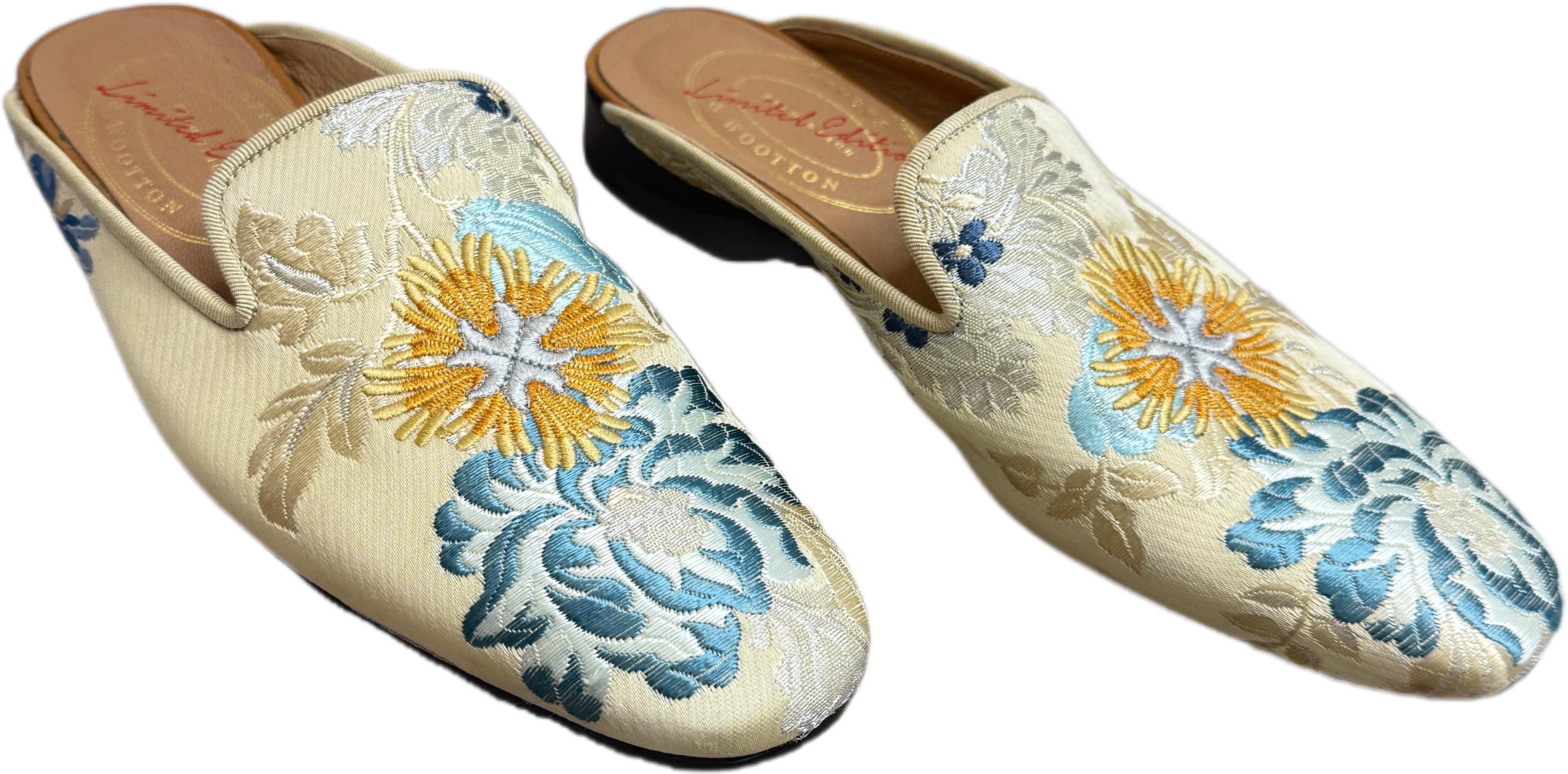 Rare 1990s Stubbs & Wootton Palm Motif Embroidered Jacquard & Leather Mules 8.5 For Sale 4