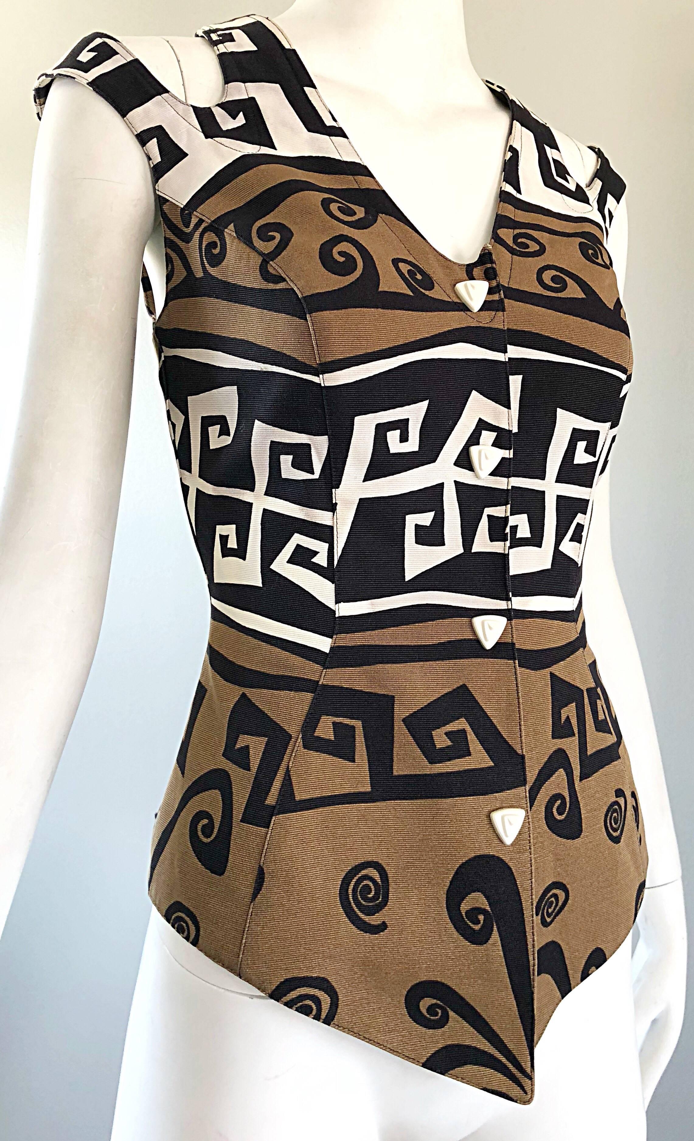 Brown Rare 1990s Thierry Mugler Aztec Abstract Print Cut - Out Vintage 90s Top Vest For Sale