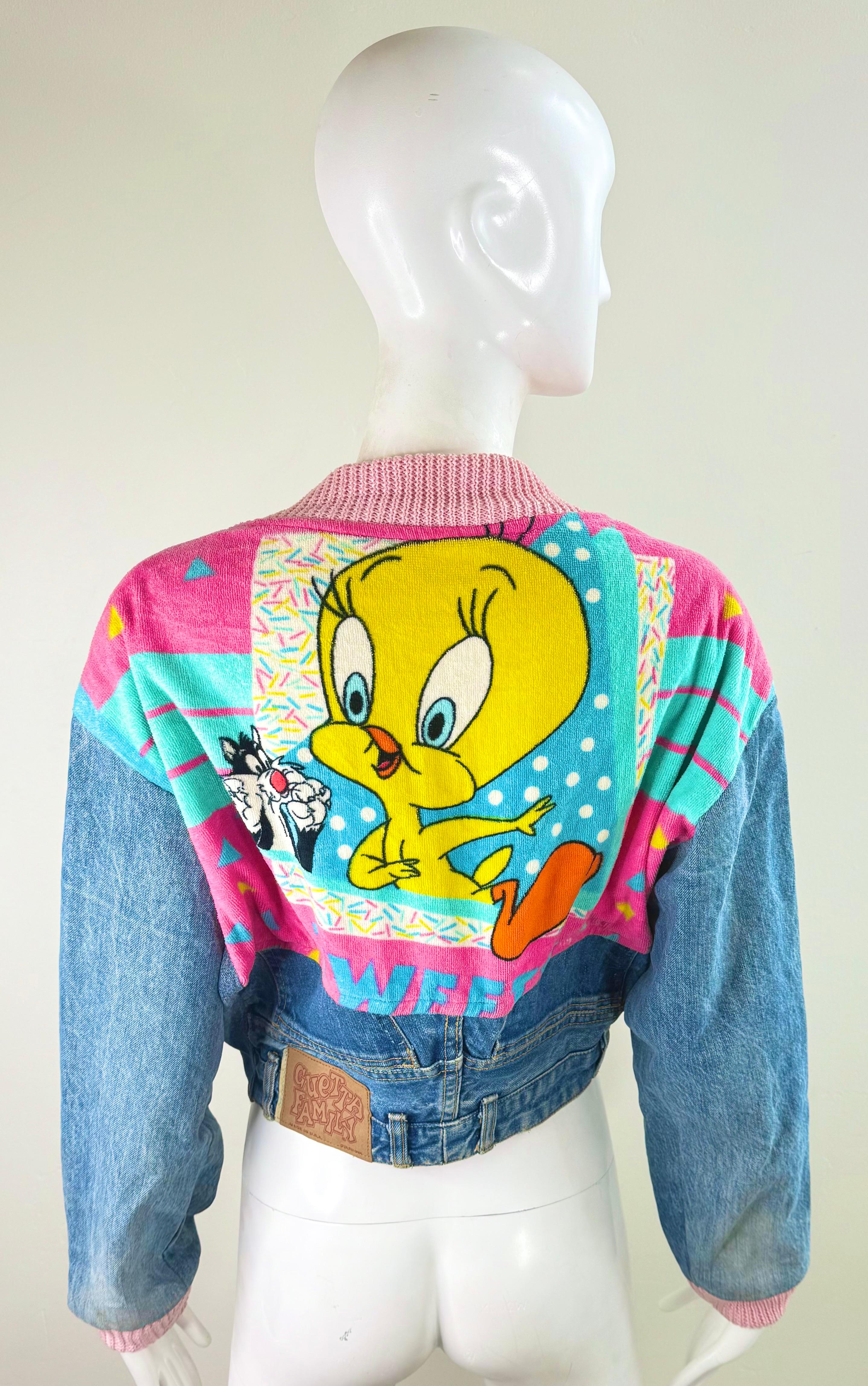 Rare 1990 Too Cute Guetta Family Denim Tweety Jacket Vintage Looney Tunes USA en vente 9