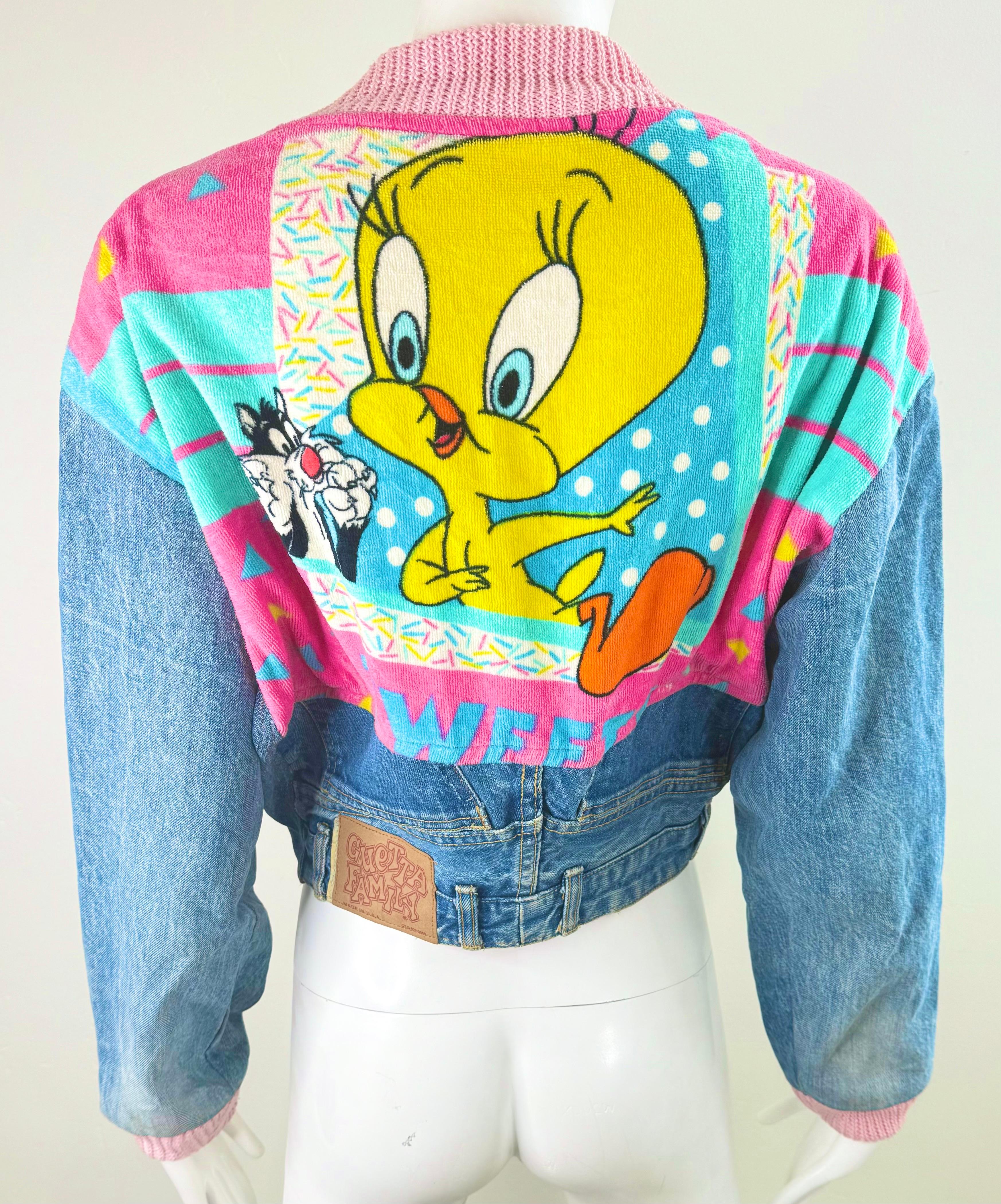 Bleu Rare 1990 Too Cute Guetta Family Denim Tweety Jacket Vintage Looney Tunes USA en vente