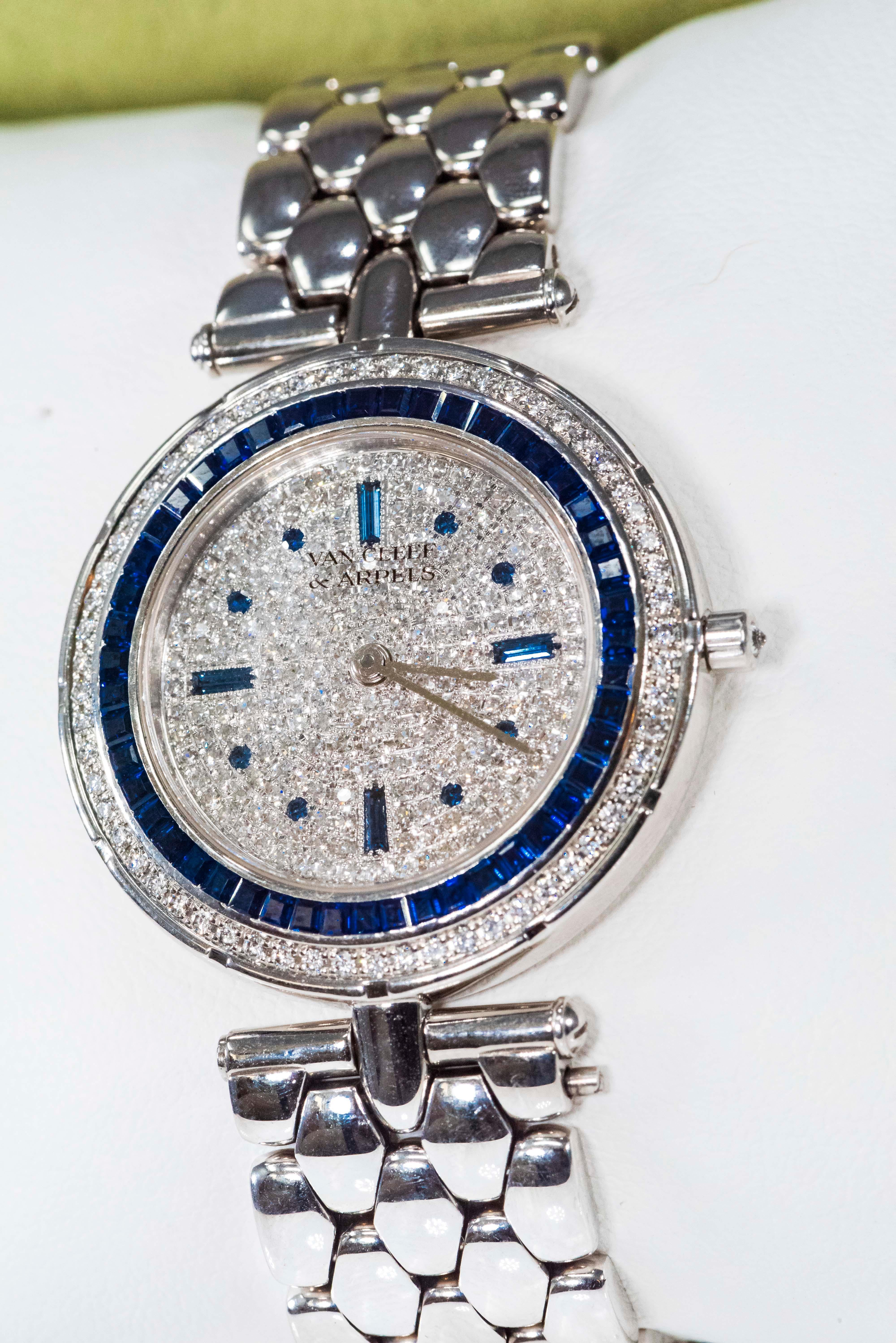 1990s Van Cleef Arpels 18k Gold Pave Diamond Dial & Sapphire Bracelet Watch 6