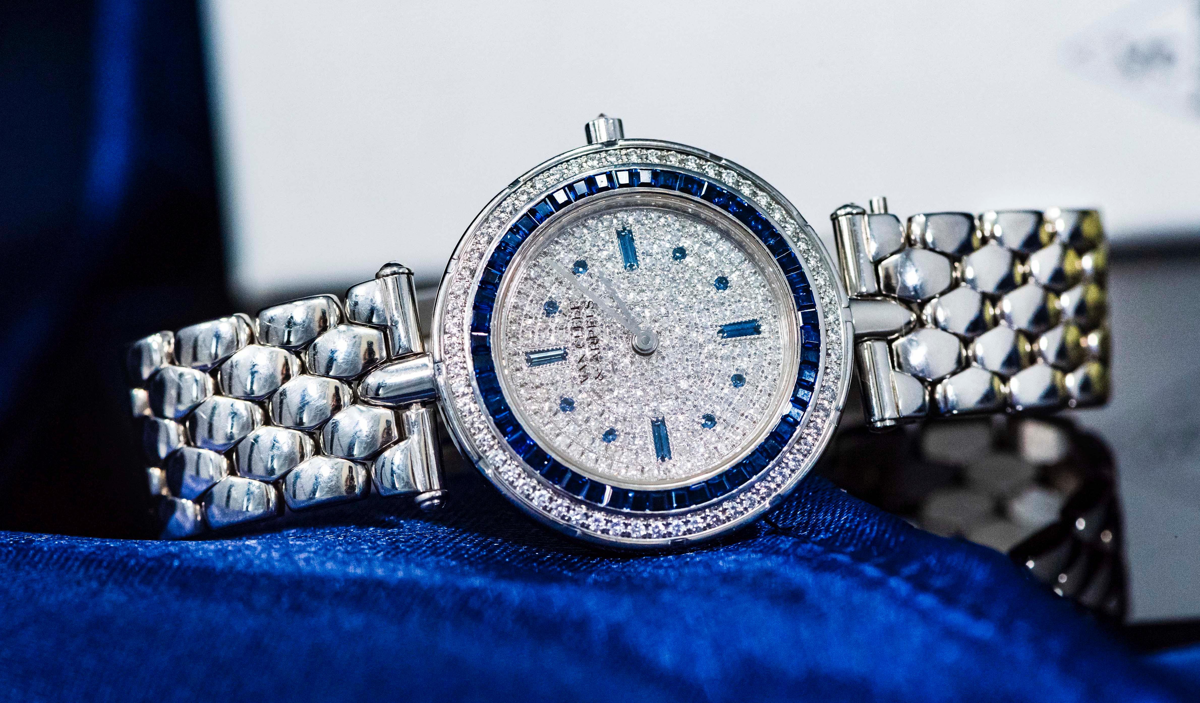 1990s Van Cleef Arpels 18k Gold Pave Diamond Dial & Sapphire Bracelet Watch 7