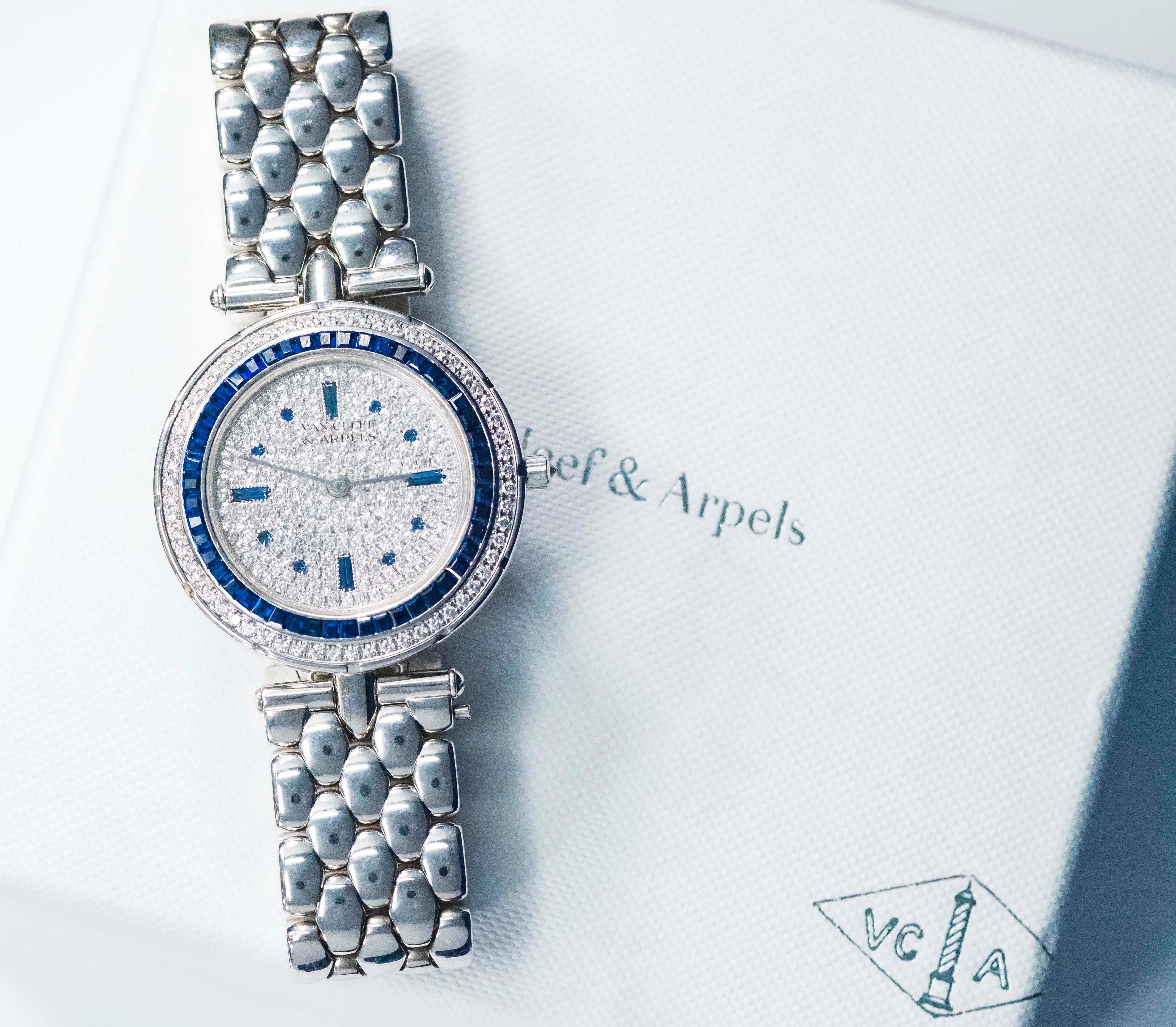 1990s Van Cleef Arpels 18k Gold Pave Diamond Dial & Sapphire Bracelet Watch 8