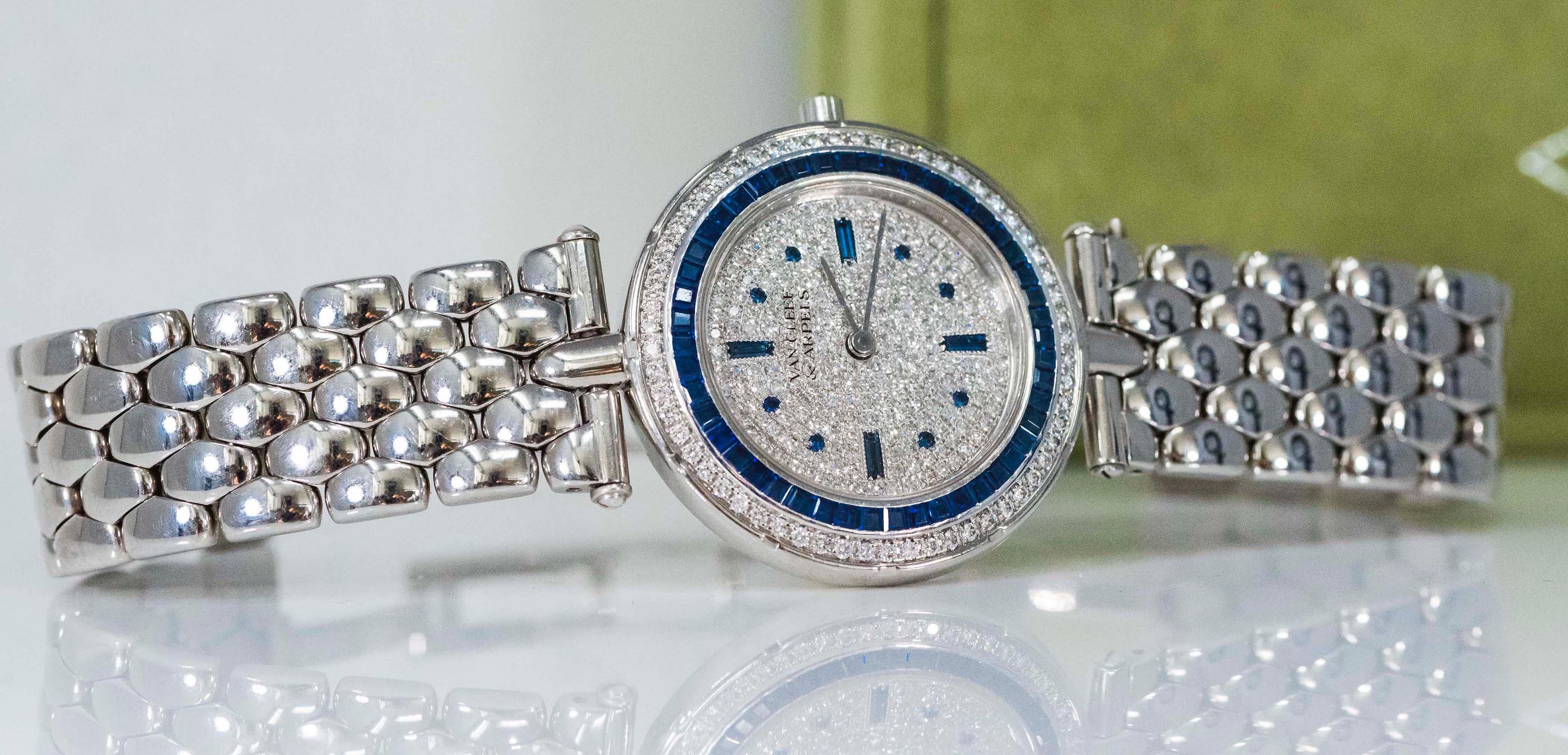 Contemporary 1990s Van Cleef Arpels 18k Gold Pave Diamond Dial & Sapphire Bracelet Watch