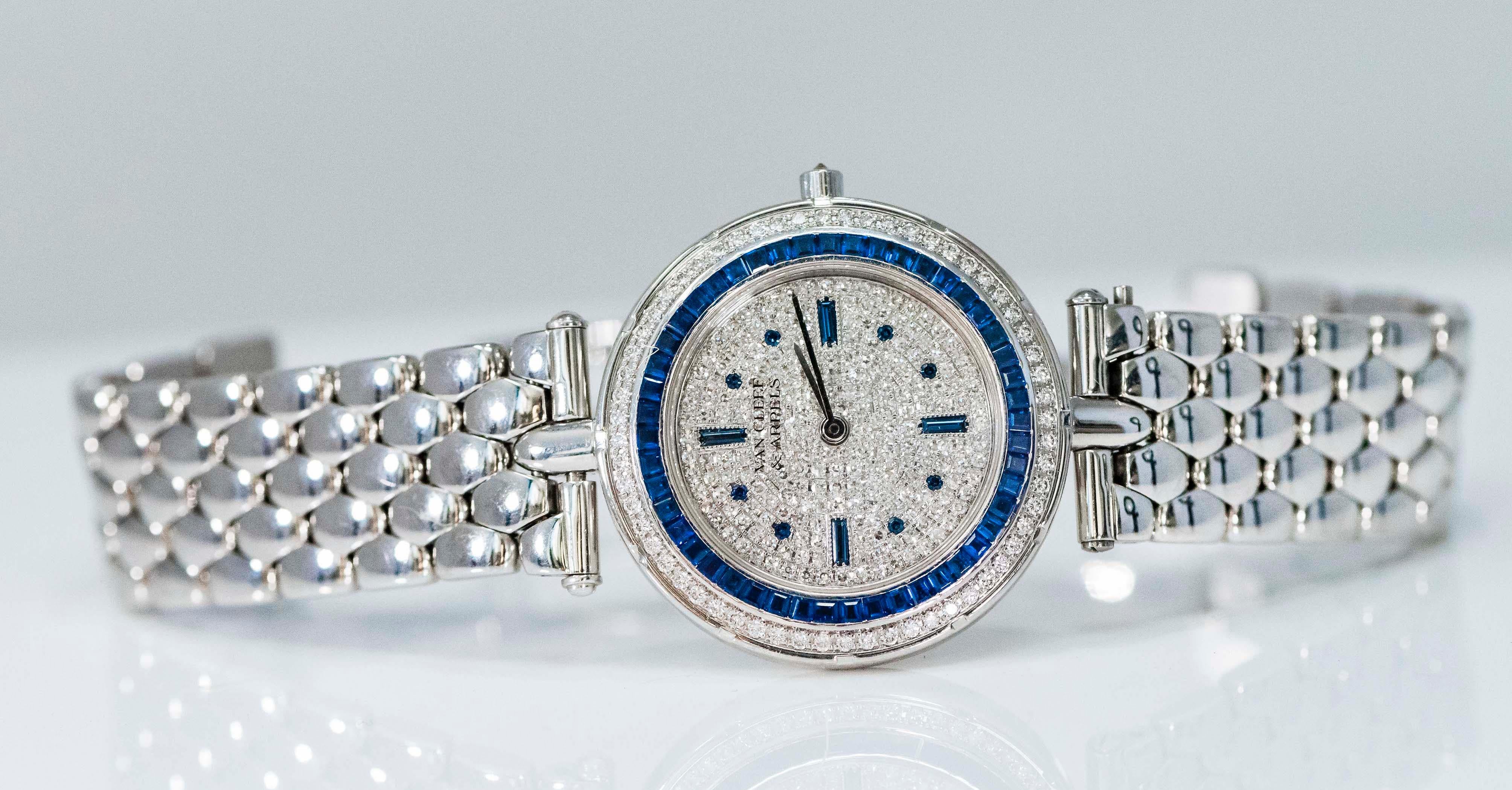 1990s Van Cleef Arpels 18k Gold Pave Diamond Dial & Sapphire Bracelet Watch In Excellent Condition In New york, NY