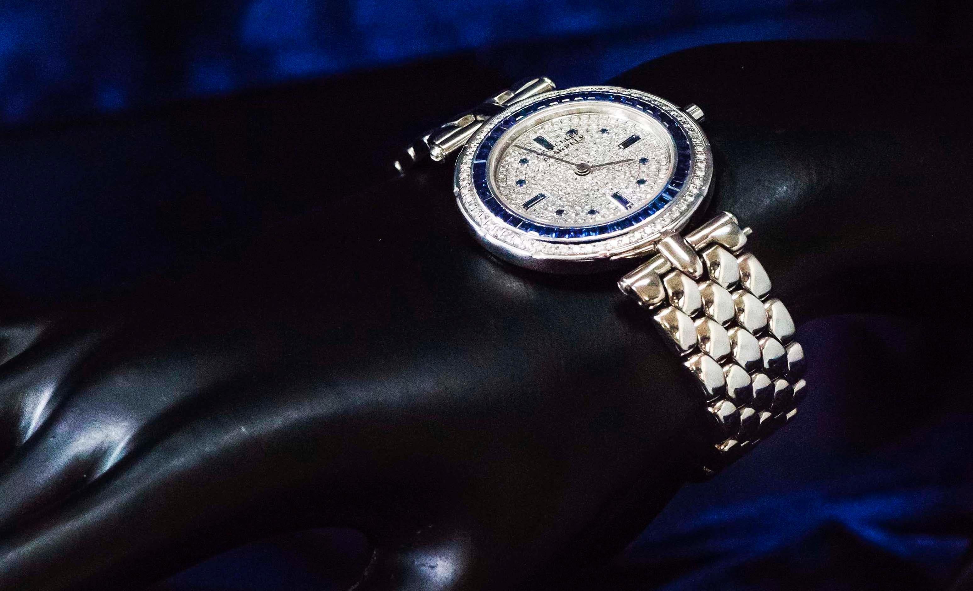 1990s Van Cleef Arpels 18k Gold Pave Diamond Dial & Sapphire Bracelet Watch 2