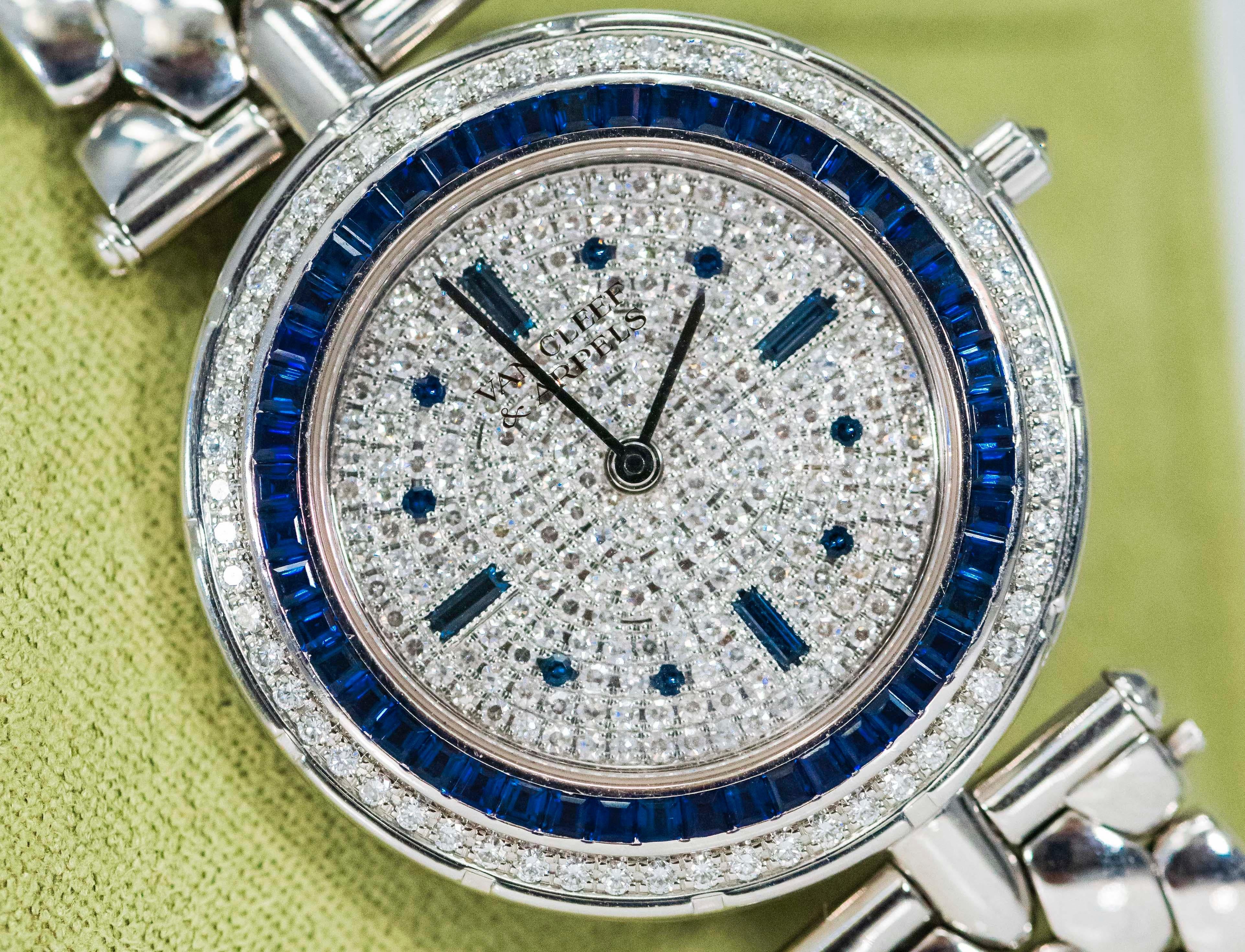 1990s Van Cleef Arpels 18k Gold Pave Diamond Dial & Sapphire Bracelet Watch 3