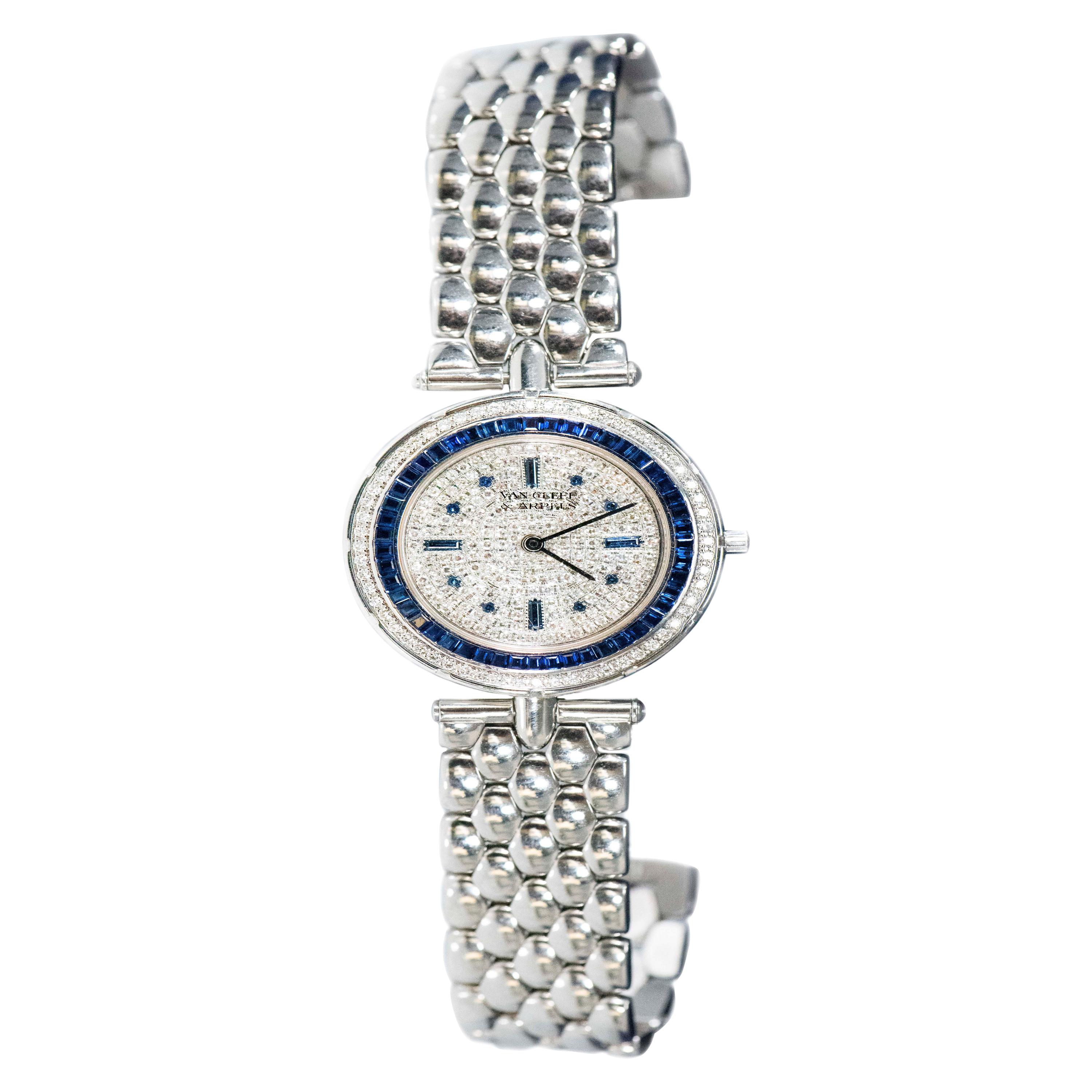 1990s Van Cleef Arpels 18k Gold Pave Diamond Dial & Sapphire Bracelet Watch