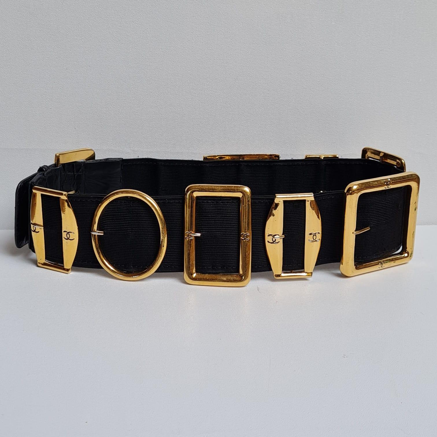 Rare all around buckled chanel elastic belt. Size 95. Item is in fair condition, missing one of its significant buckle piece as seen on the pictures with slightly noticeable hole on it. Slight peeling on the corner leather bit. But overall still