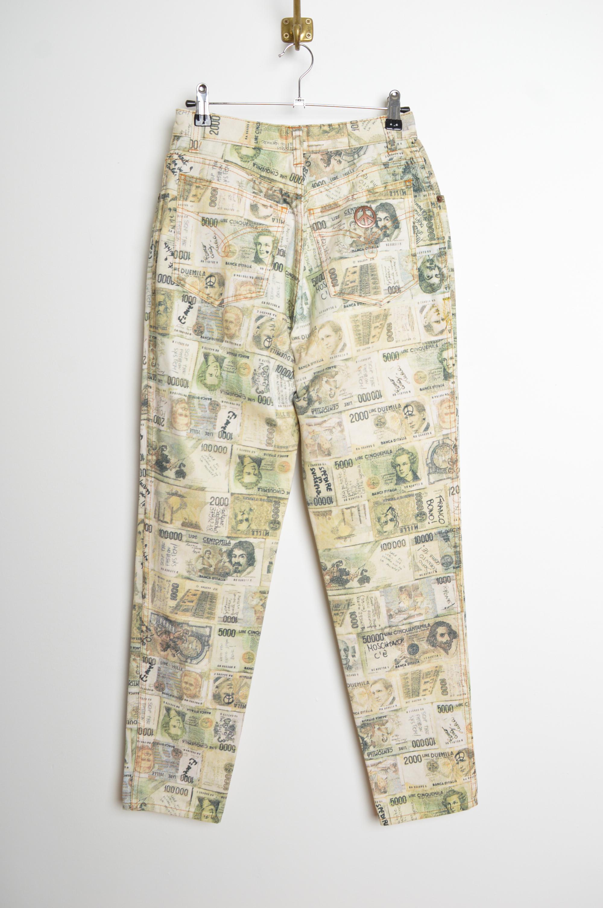 Rare 1990's Vintage Franco Moschino Italian Lira Money print Bank Note Jeans en vente 6