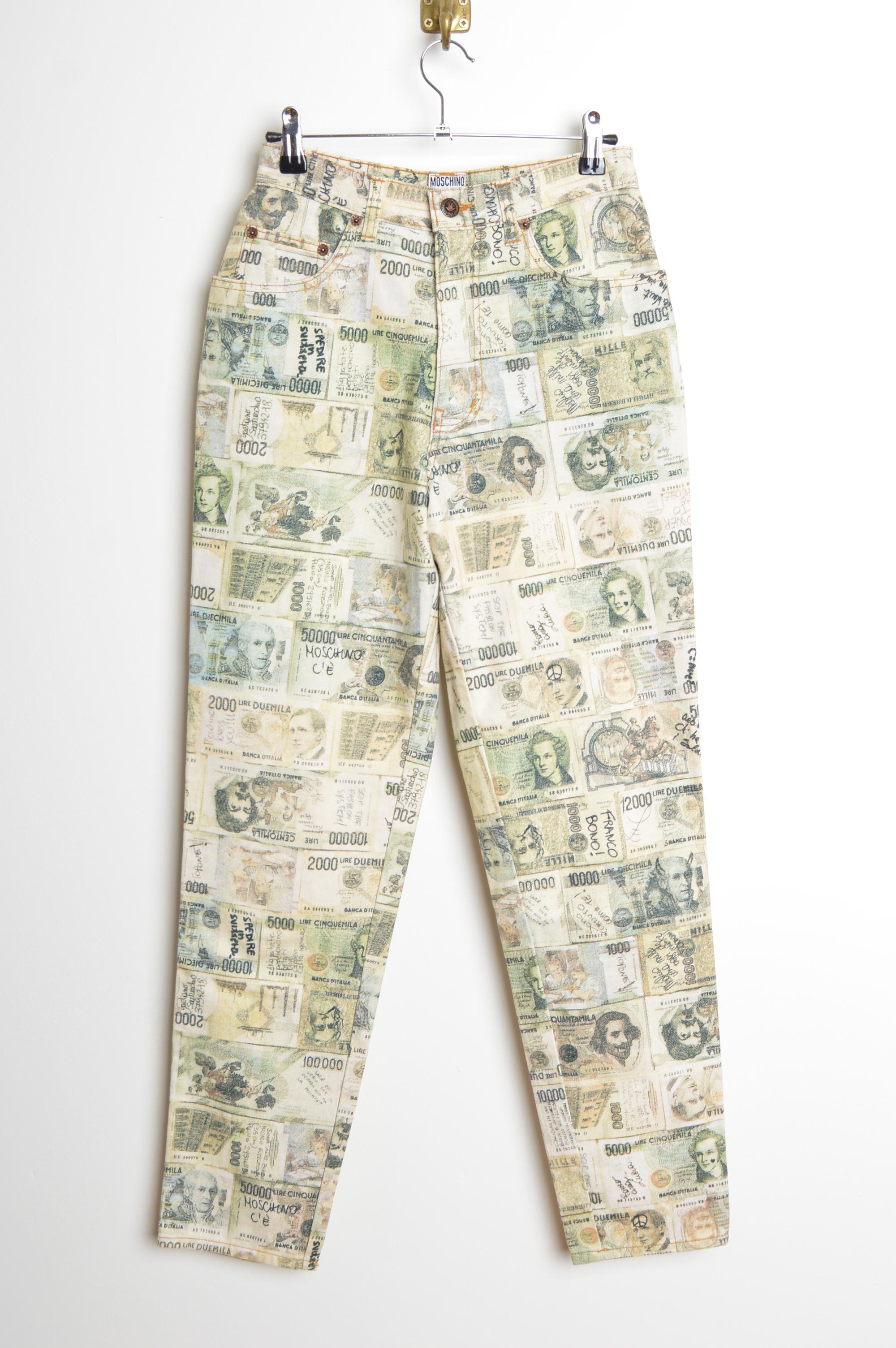 Beige Rare 1990's Vintage Franco Moschino Italian Lira Money print Bank Note Jeans en vente