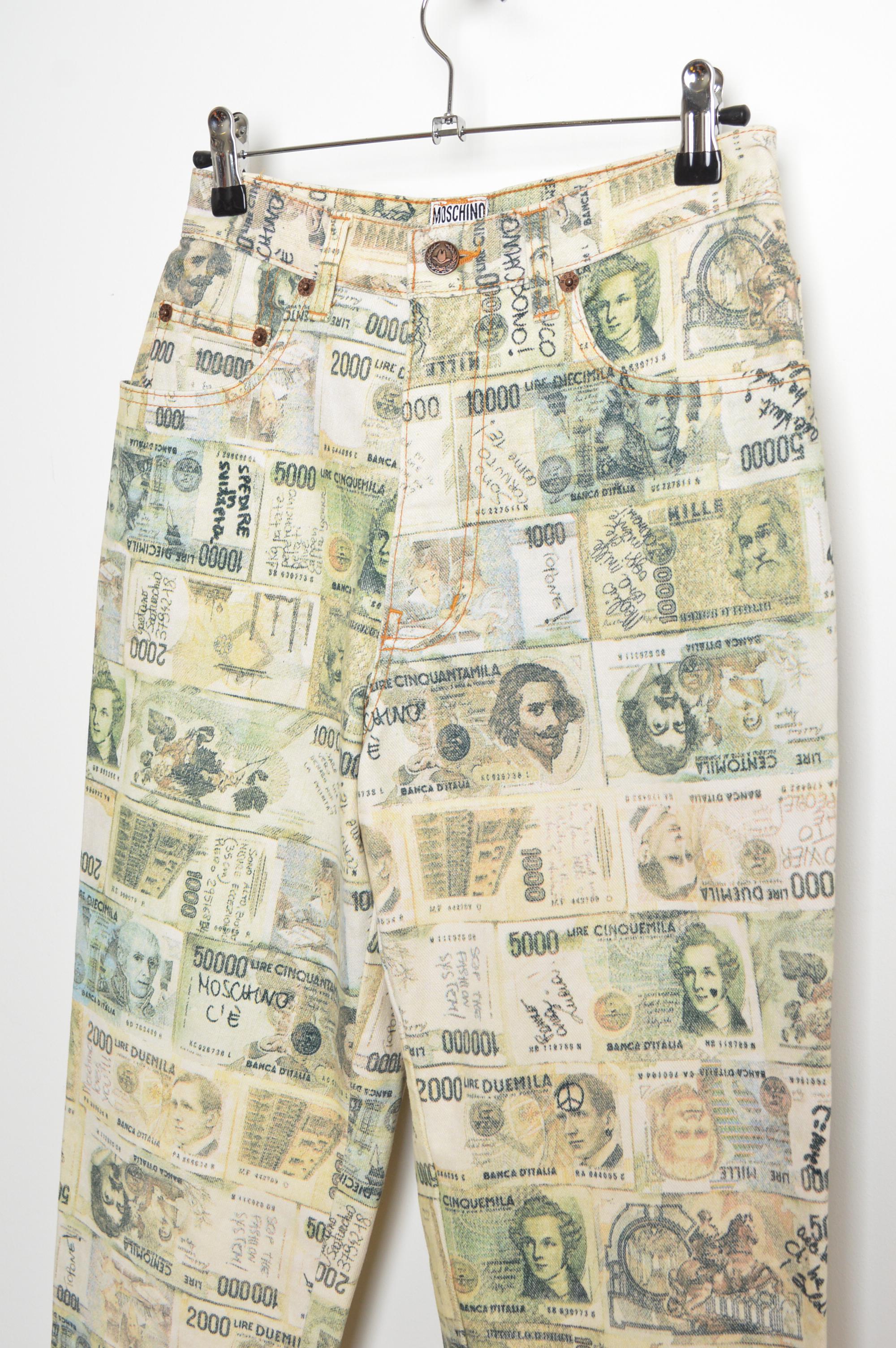 Rare 1990's Vintage Franco Moschino Italian Lira Money print Bank Note Jeans Bon état - En vente à Sheffield, GB