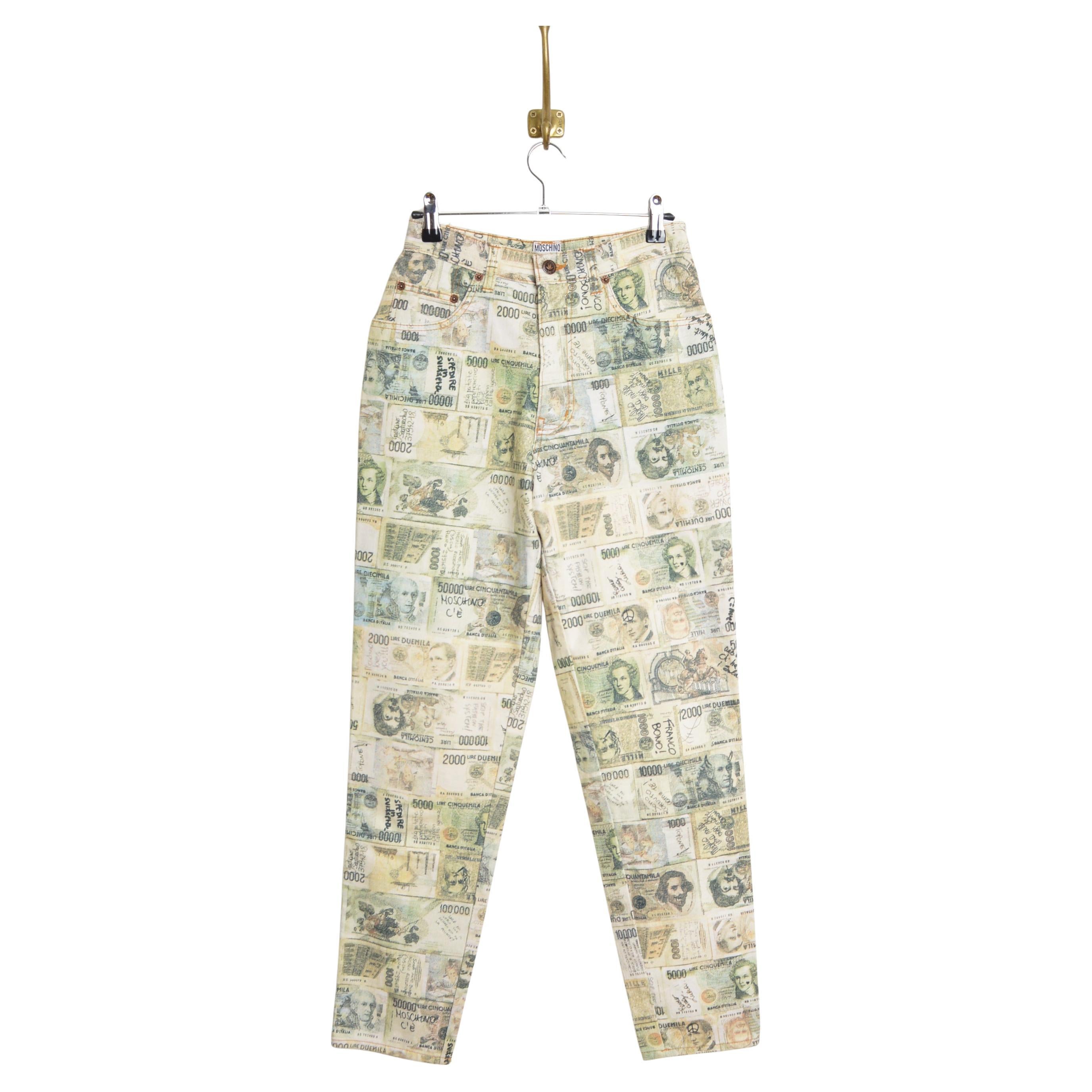 Rare 1990's Vintage Franco Moschino Italian Lira Money print Bank Note Jeans en vente