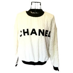 Rare 1992 Chanel Runway Terrycloth Letter Logo Ecru Ivory Sweater Sweatshirt