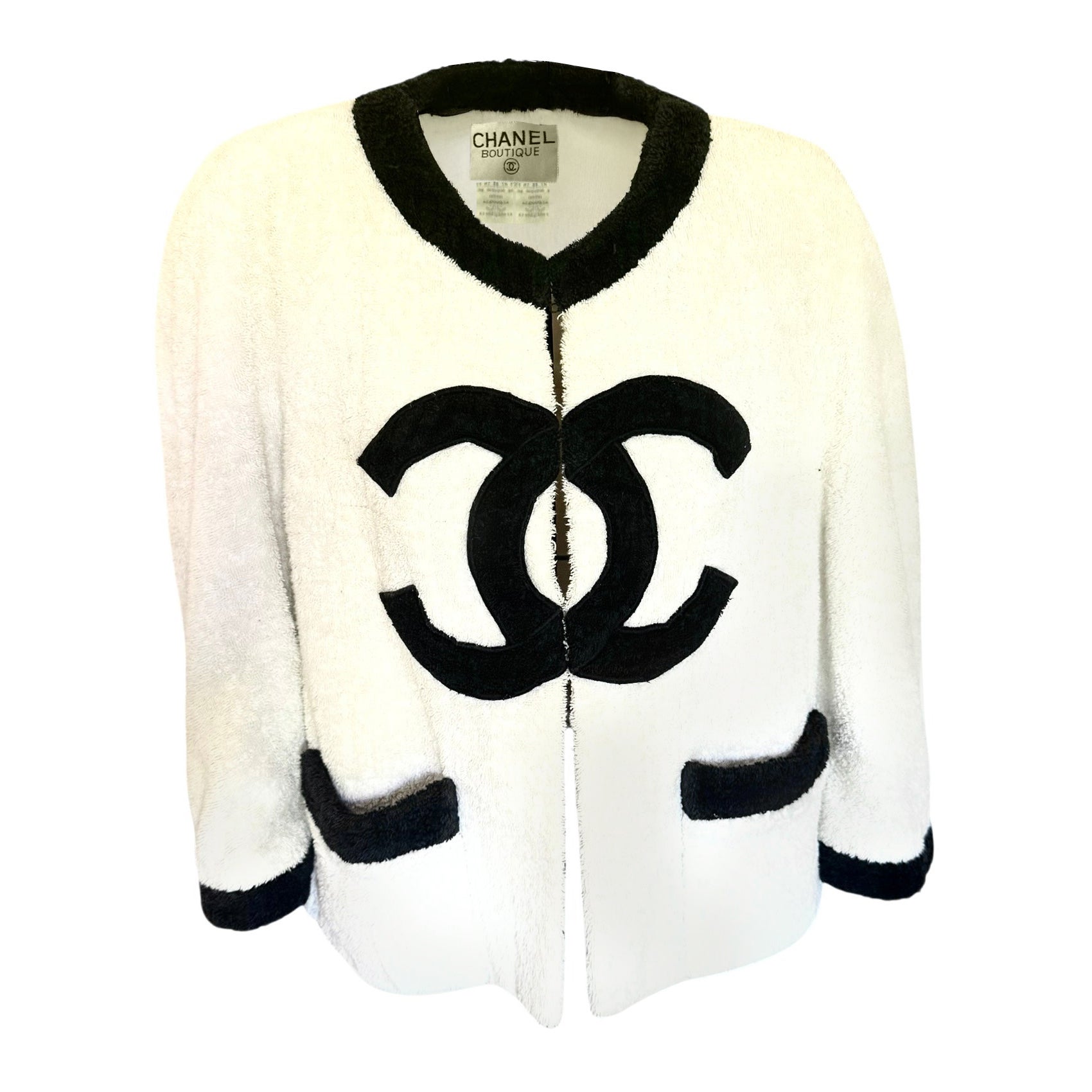 Seltene 1992 Chanel Frottee Frottee CC Ecru Elfenbein Runway Logo Jacke im Angebot