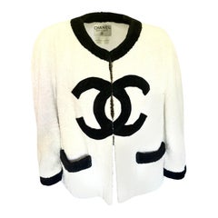 Rare 1992 Chanel Terrycloth Terry Cloth CC Ecru Ivory Runway Logo Jacket