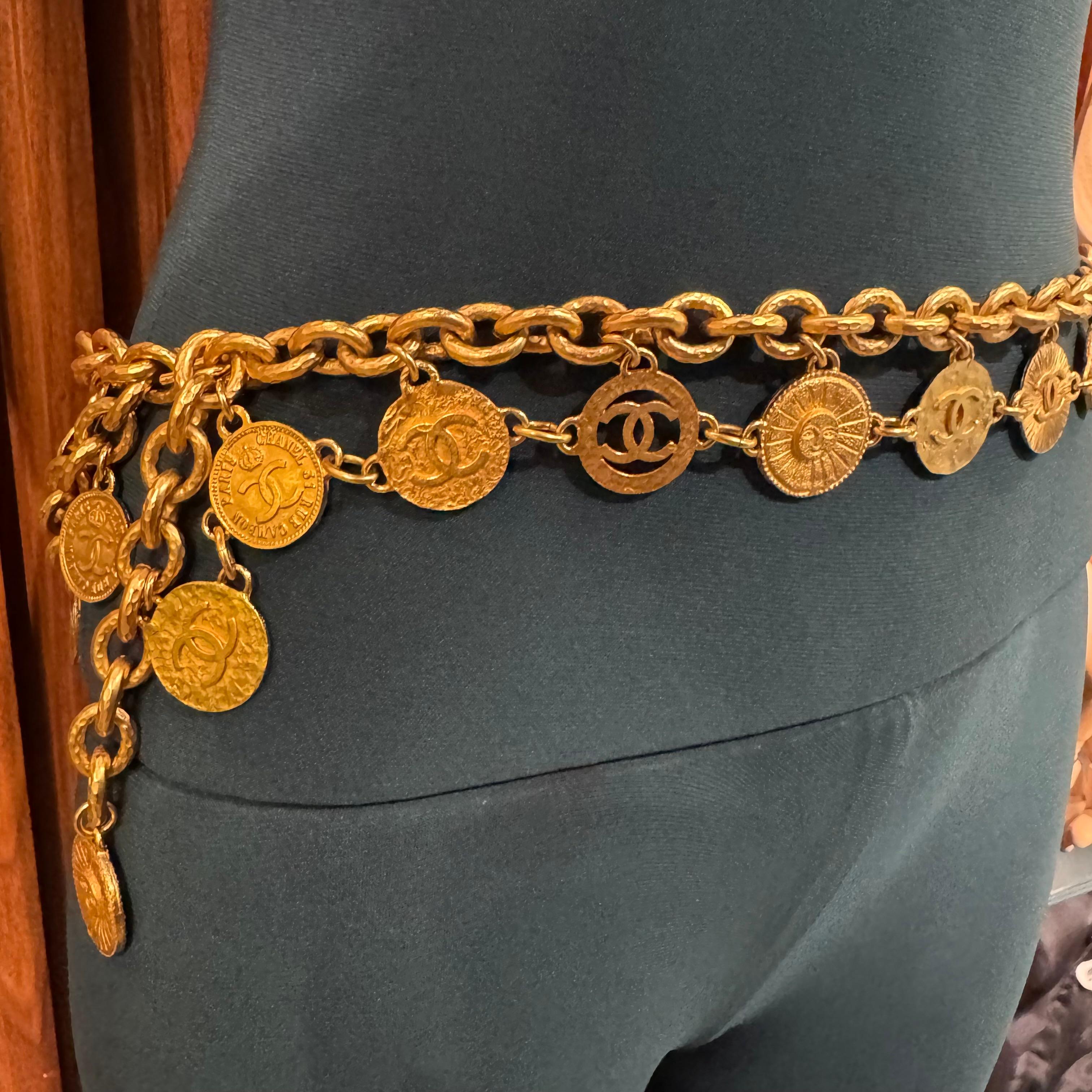 Brown Rare 1993 Chanel Gold Chain Triple Layered Medallion Belt For Sale