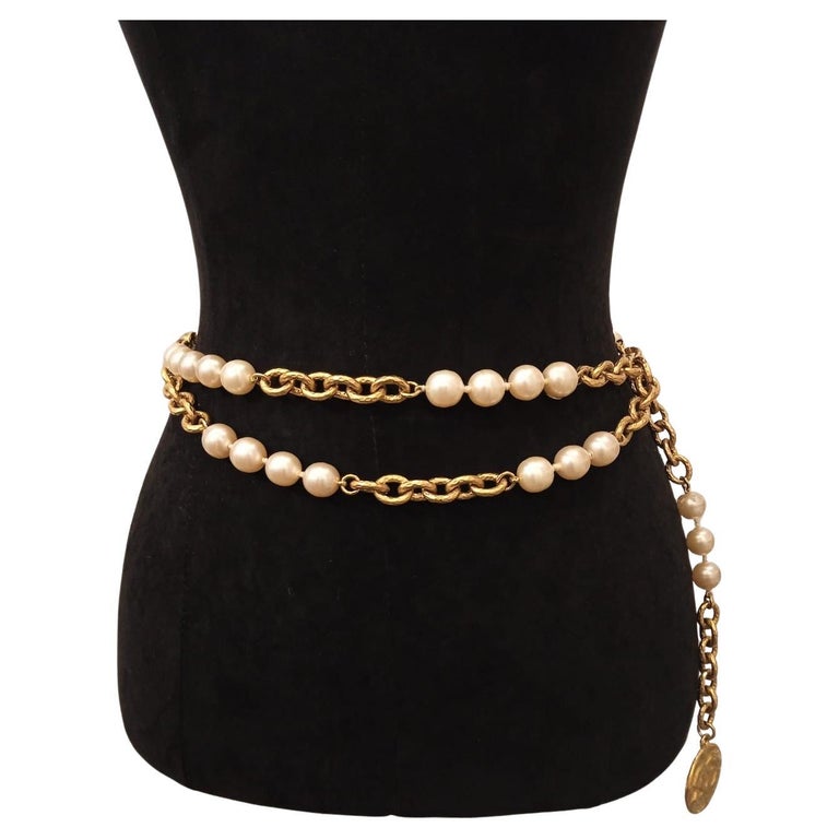Rare 1993 Chanel Pearl Chain Double Layered Belt For Sale at 1stDibs