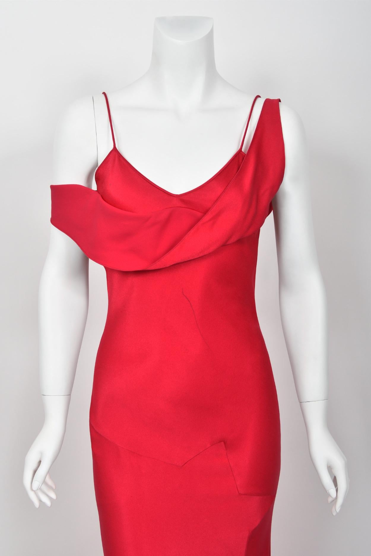 Rare 1994 John Galliano Ruby Red Off Shoulder Bias-Cut Gown Worn by Raquel Welch 7