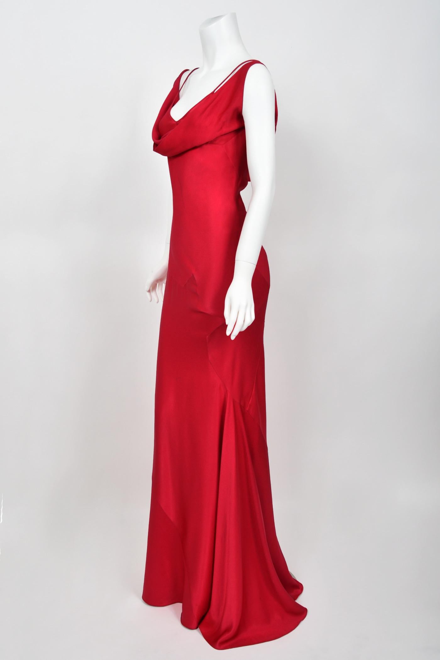 Rare 1994 John Galliano Ruby Red Off Shoulder Bias-Cut Gown Worn by Raquel Welch 9