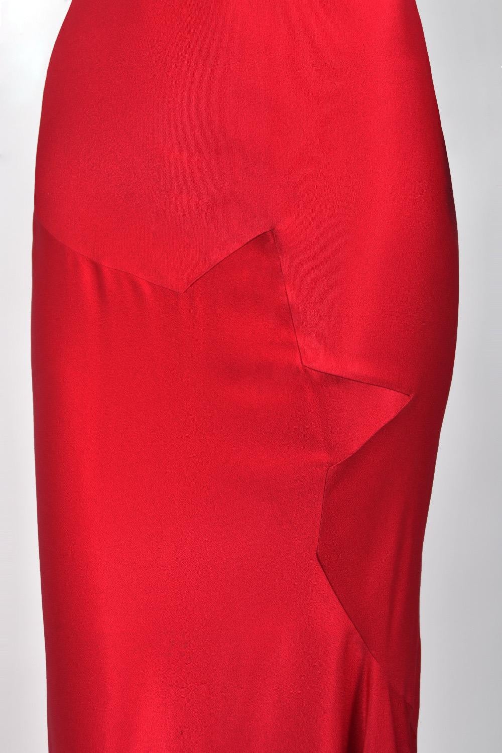 Rare 1994 John Galliano Ruby Red Off Shoulder Bias-Cut Gown Worn by Raquel Welch 11