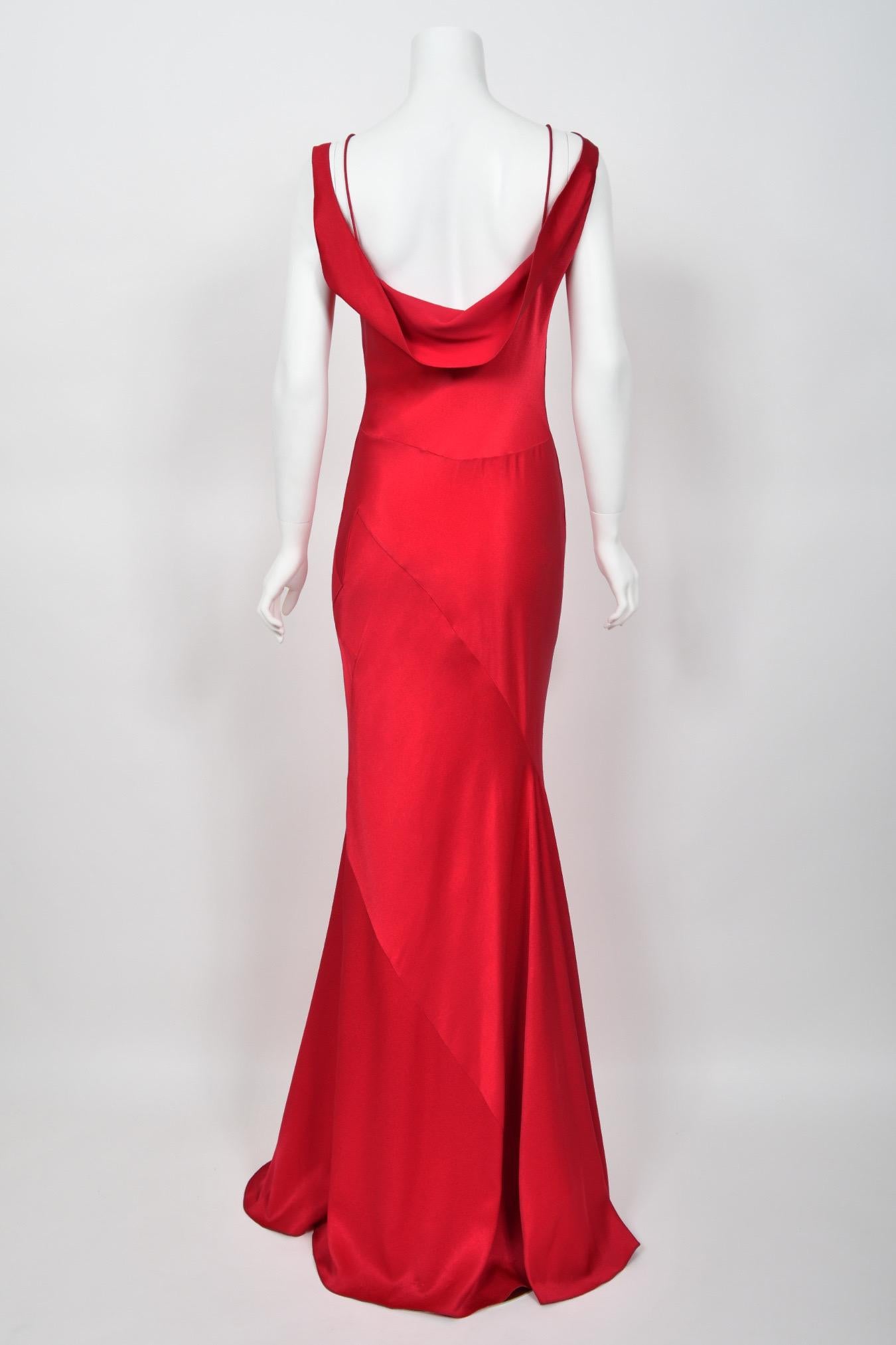 Rare 1994 John Galliano Ruby Red Off Shoulder Bias-Cut Gown Worn by Raquel Welch 12