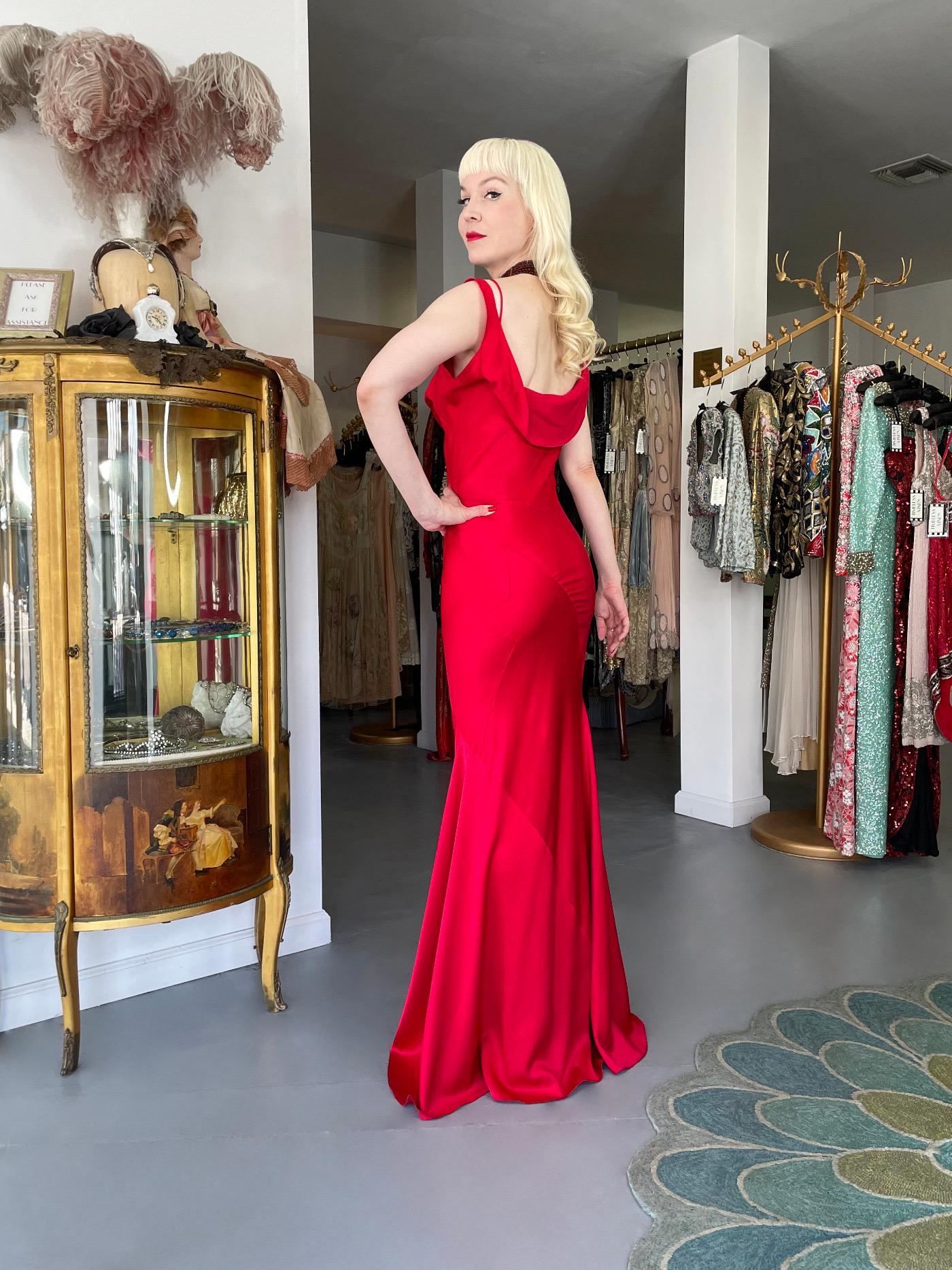 Rare 1994 John Galliano Ruby Red Off Shoulder Bias-Cut Gown Worn by Raquel Welch 15