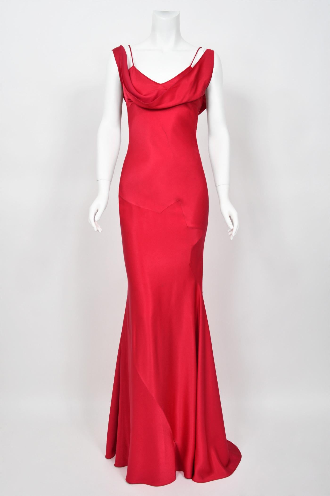 Rare 1994 John Galliano Ruby Red Off Shoulder Bias-Cut Gown Worn by Raquel Welch 2