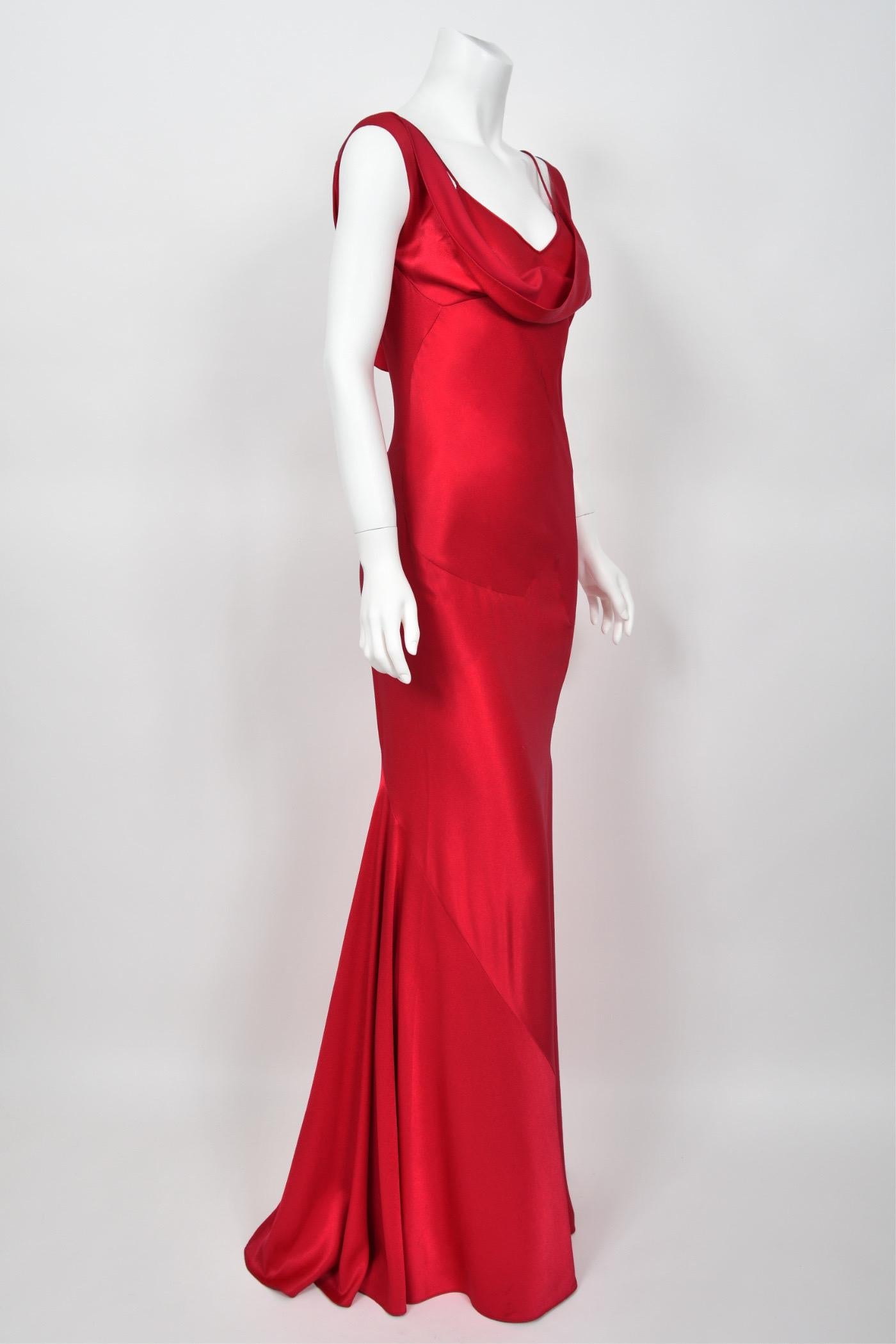 Rare 1994 John Galliano Ruby Red Off Shoulder Bias-Cut Gown Worn by Raquel Welch 4