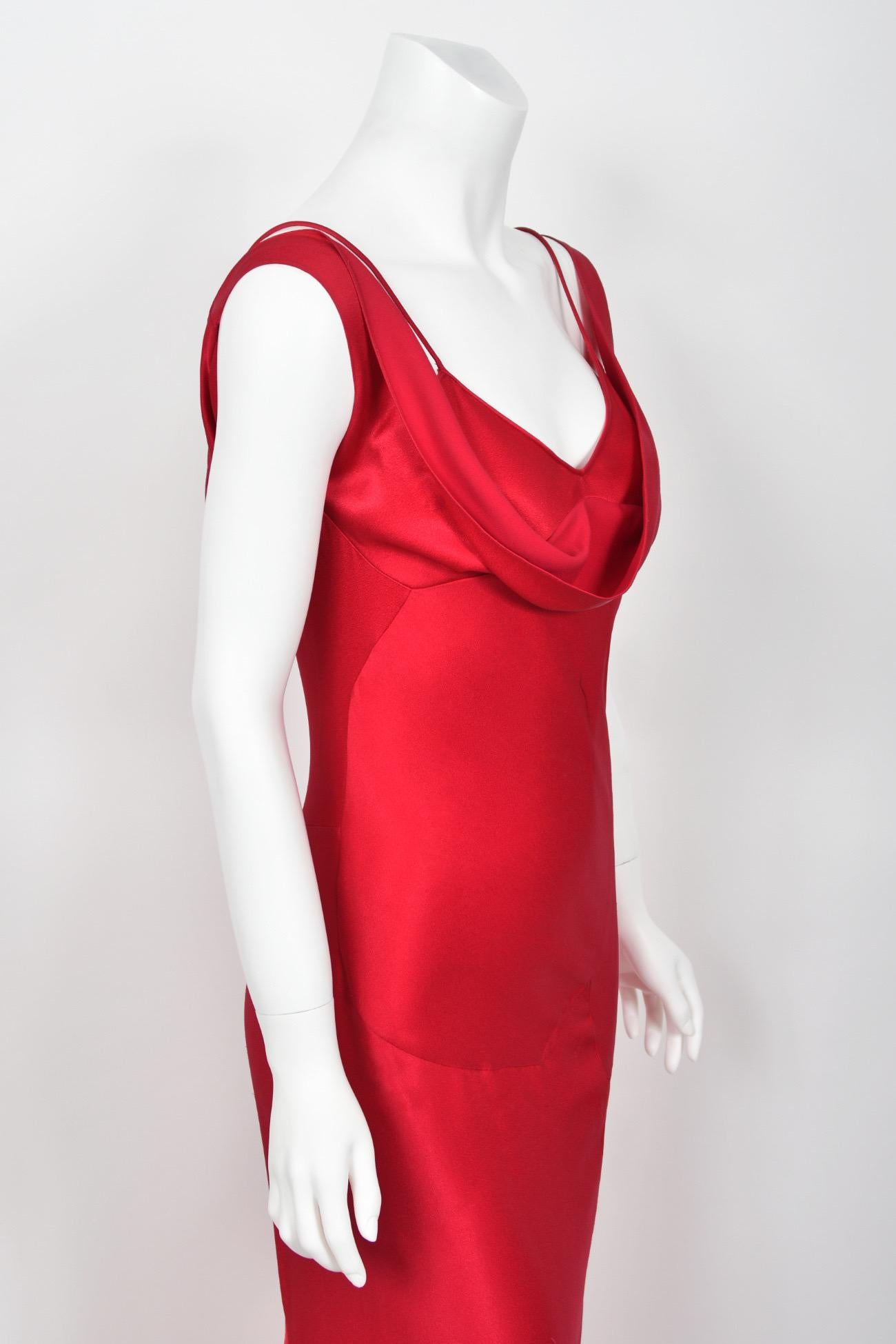 Rare 1994 John Galliano Ruby Red Off Shoulder Bias-Cut Gown Worn by Raquel Welch 5