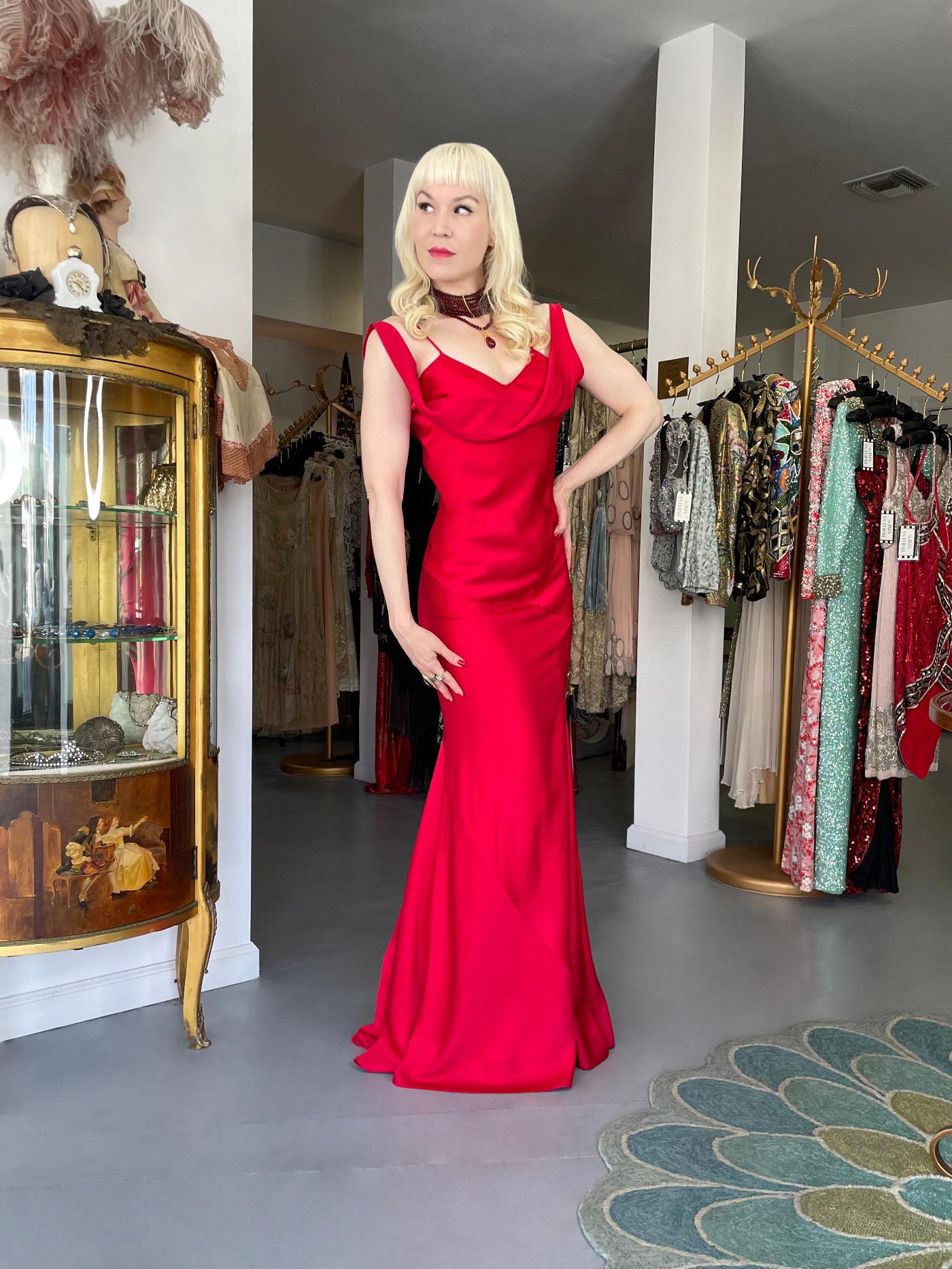 Rare 1994 John Galliano Ruby Red Off Shoulder Bias-Cut Gown Worn by Raquel Welch 6