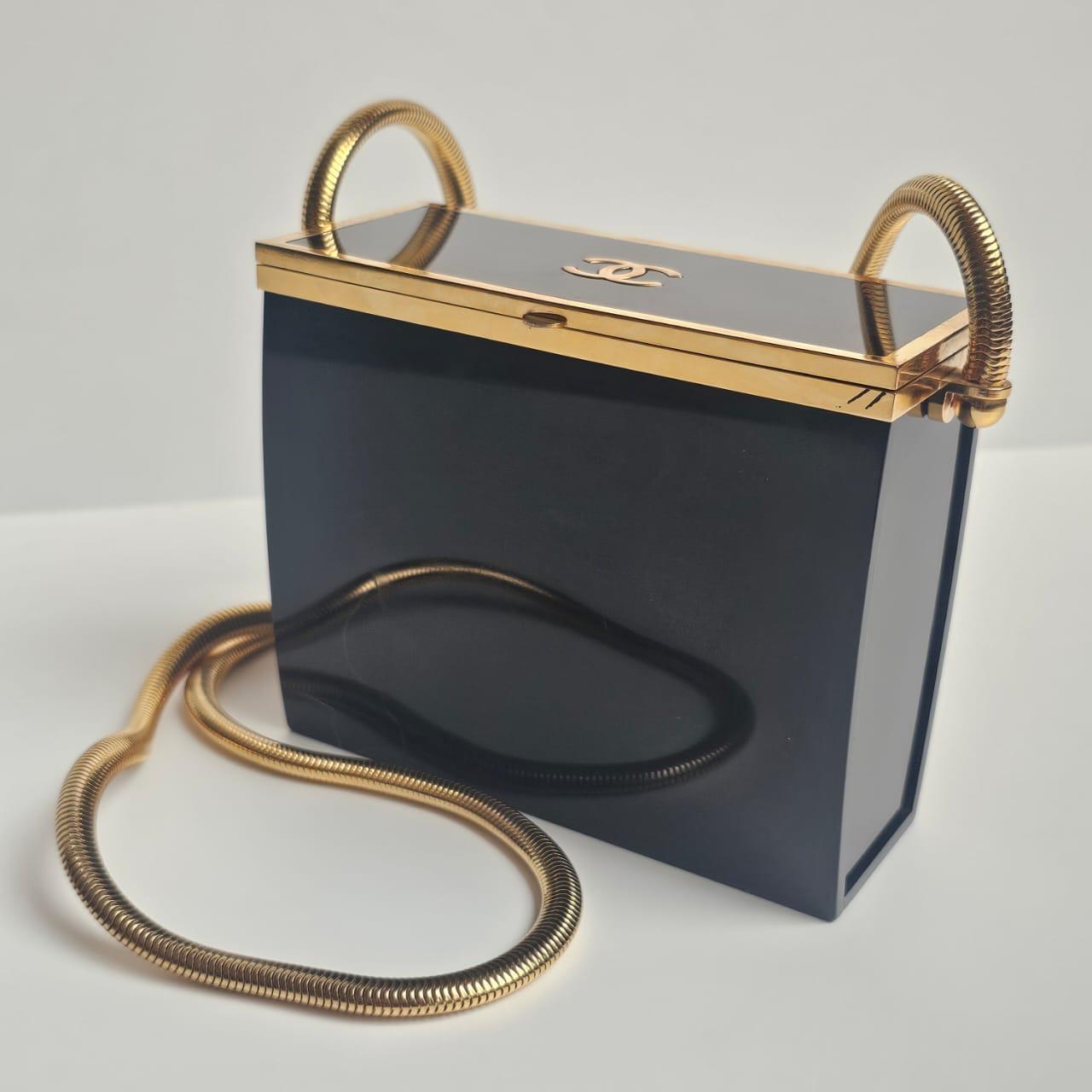 Rare 1997 Chanel Mini Black Plexiglass CC Snake Chain Box Bag For Sale 5