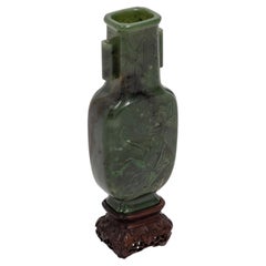 Rare 19th C. Chinese Nephrite Spinach Jade Carved Arrow Vase on Carved Wood Base