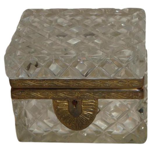 Rare 19th C Heavy Hand Diamond Cut French Clear Crystal Glass Bronze Mount Box For Sale
