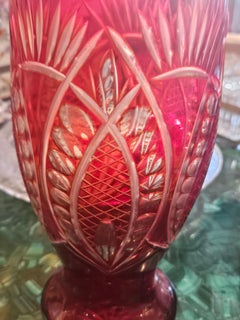 RARE 19th C Large Handcut Heavy Etched Diamond Cut Ruby Red Etched Crystal Vase