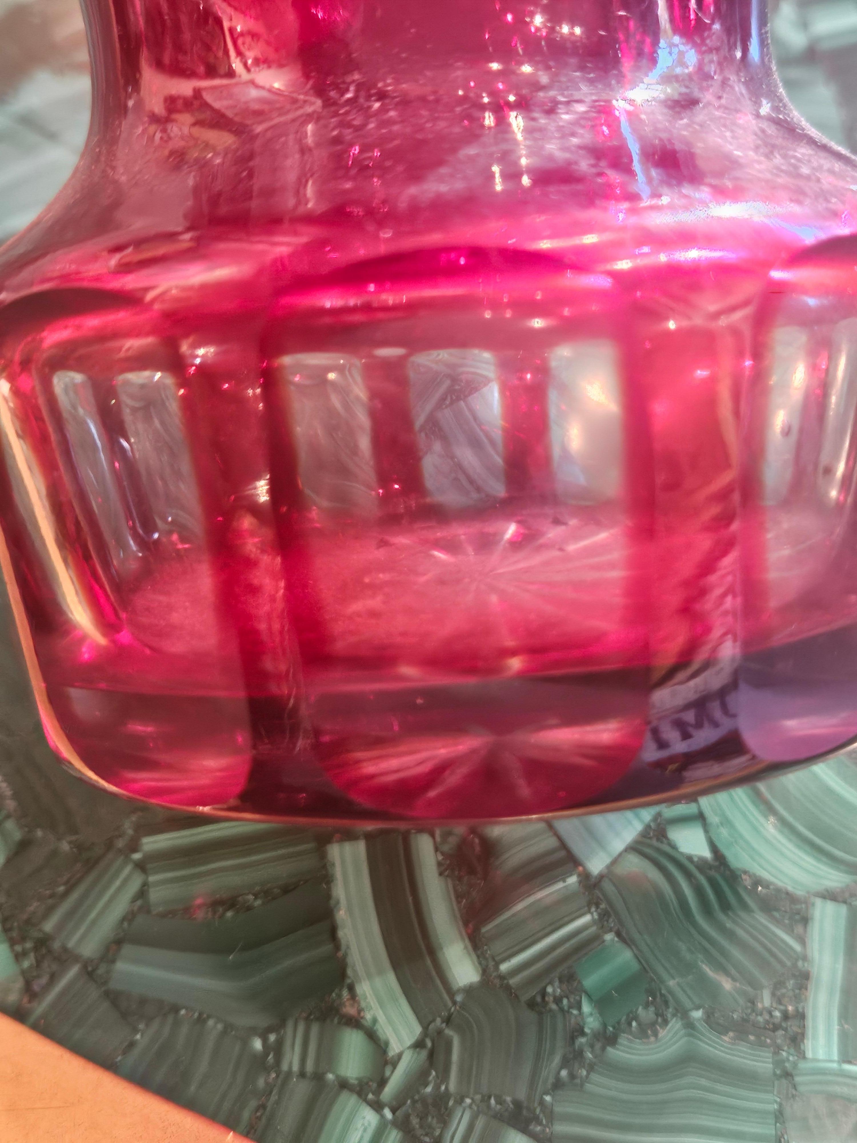 French RARE 19th C Large Handcut Heavy Etched Diamond Cut Ruby Red Etched Crystal Vase For Sale