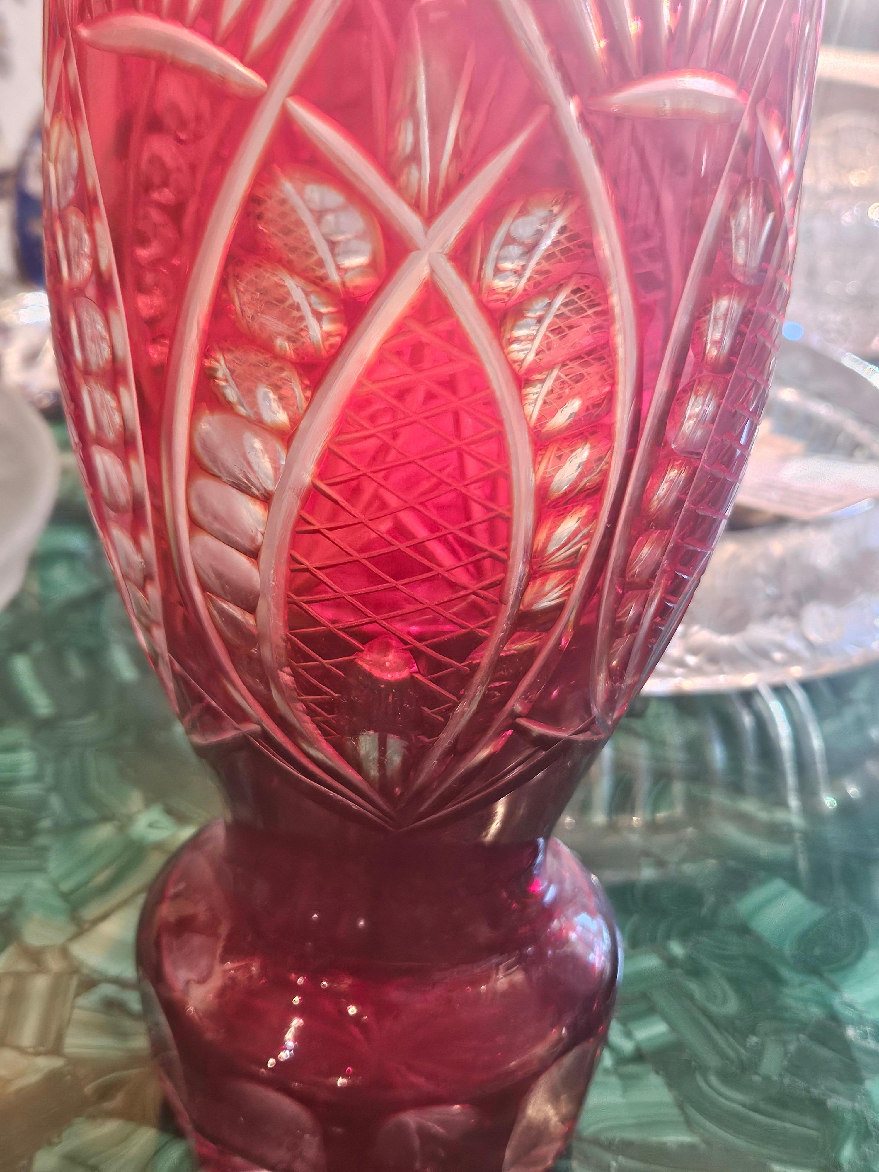 RARE 19th C Large Handcut Heavy Etched Diamond Cut Ruby Red Etched Crystal Vase In Good Condition For Sale In New York, NY
