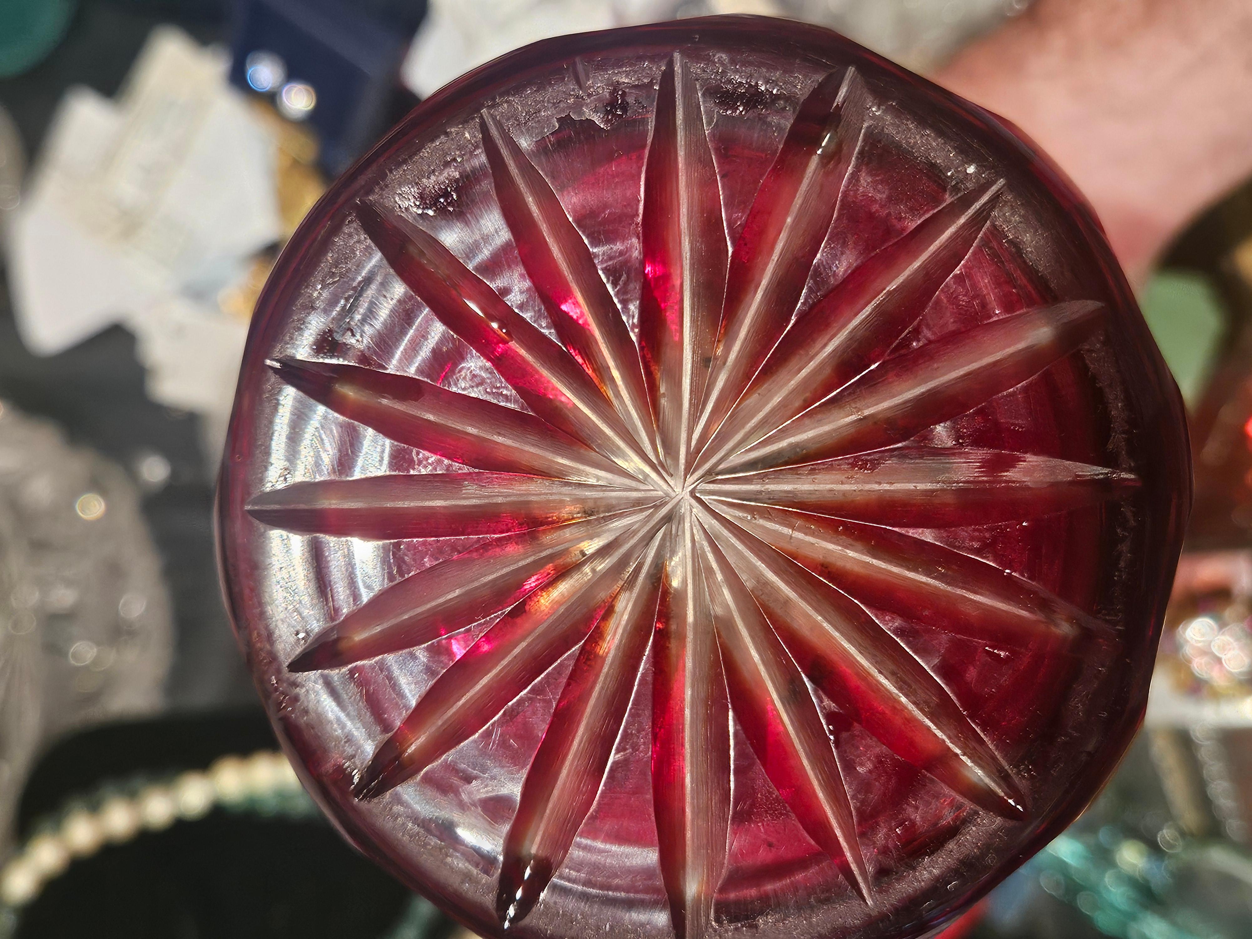 19th Century RARE 19th C Large Handcut Heavy Etched Diamond Cut Ruby Red Etched Crystal Vase For Sale