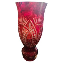 RARE 19th C Large Handcut Heavy Etched Diamond Cut Ruby Red Etched Crystal Vase