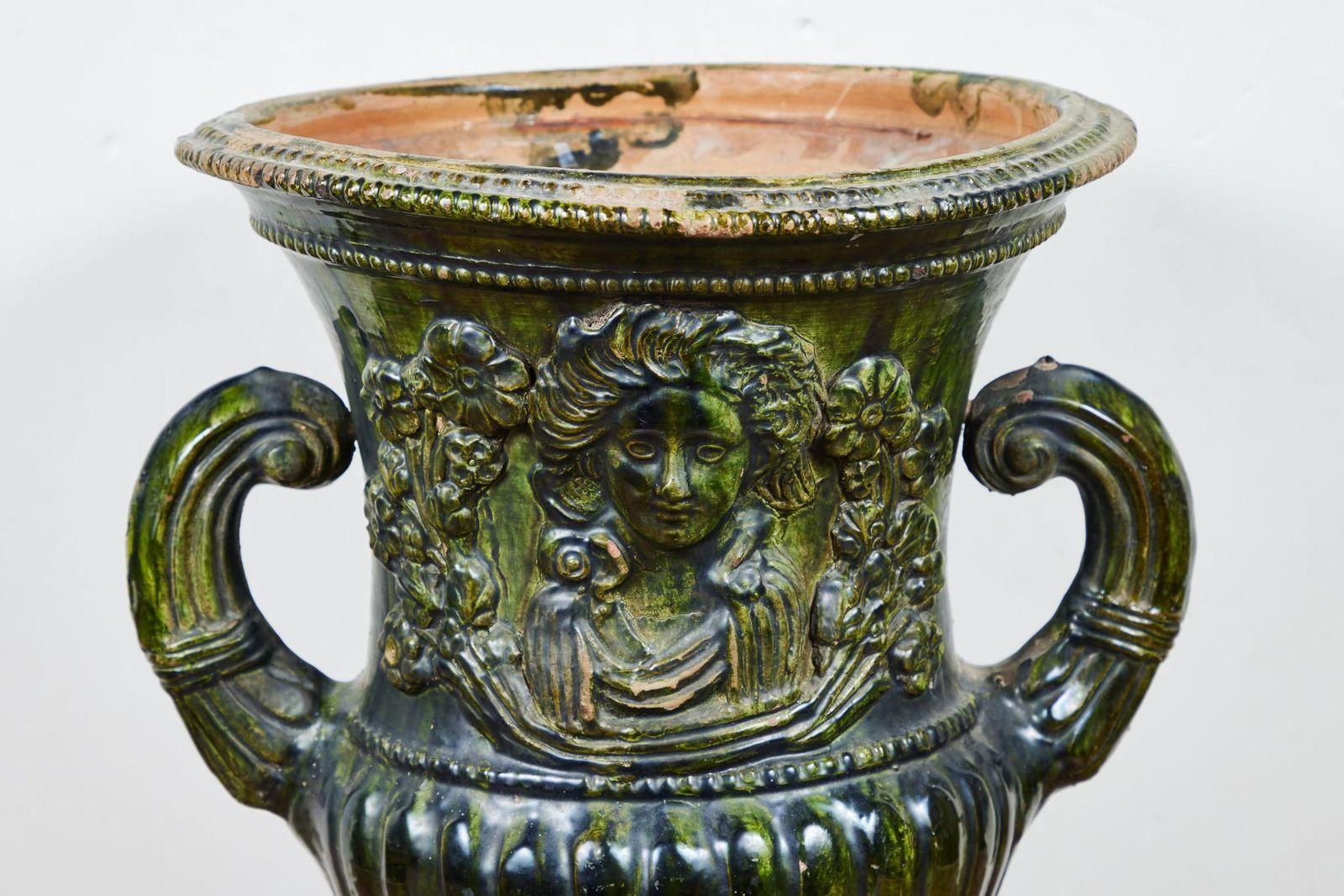 Italian Rare, 19th C., Sicilian, Green Glazed Urns For Sale