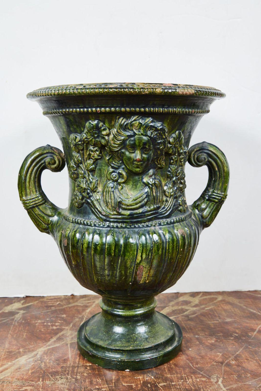 Terracotta Rare, 19th C., Sicilian, Green Glazed Urns For Sale