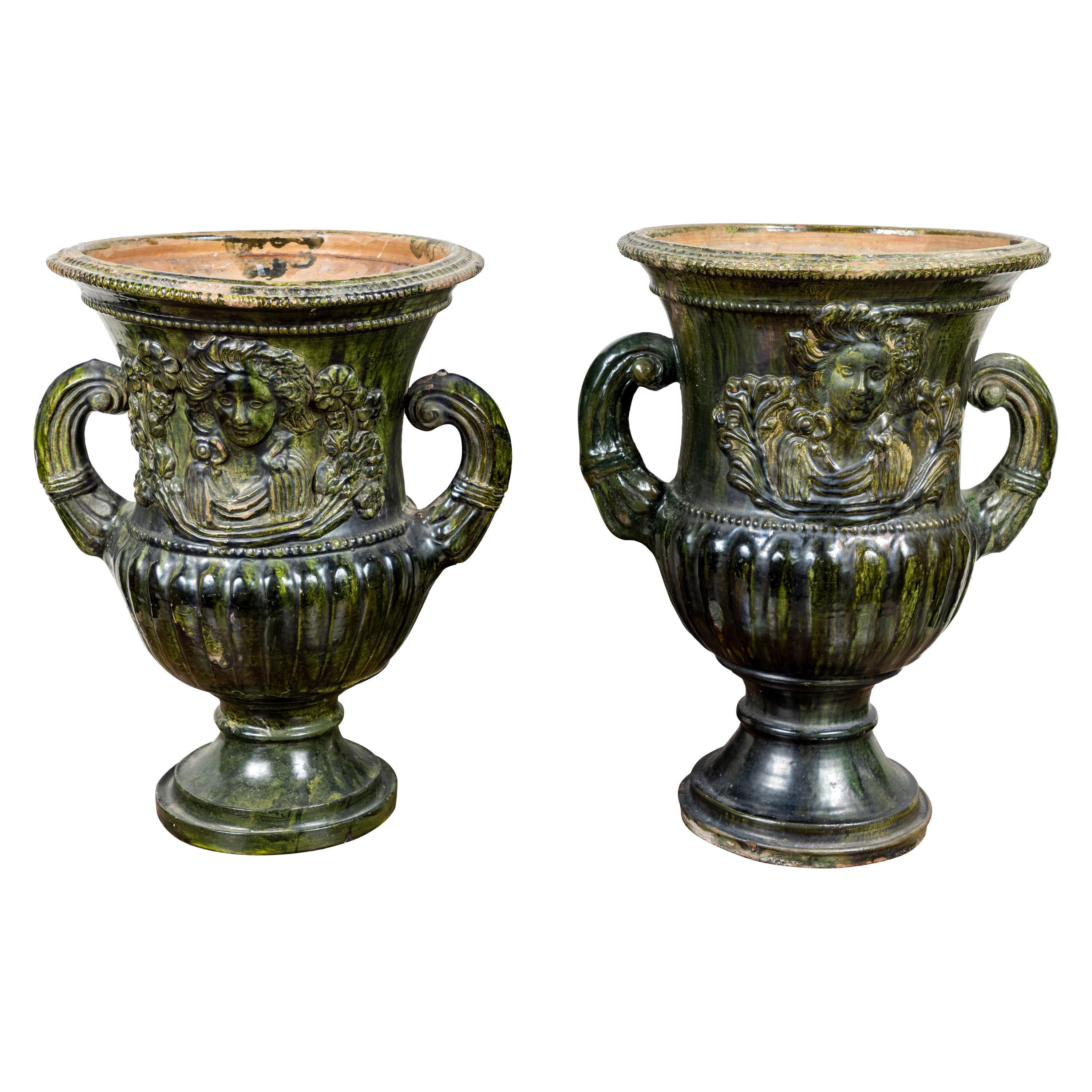 Seltene, sizilianische, grün glasierte Urnen aus dem 19. Jahrhundert