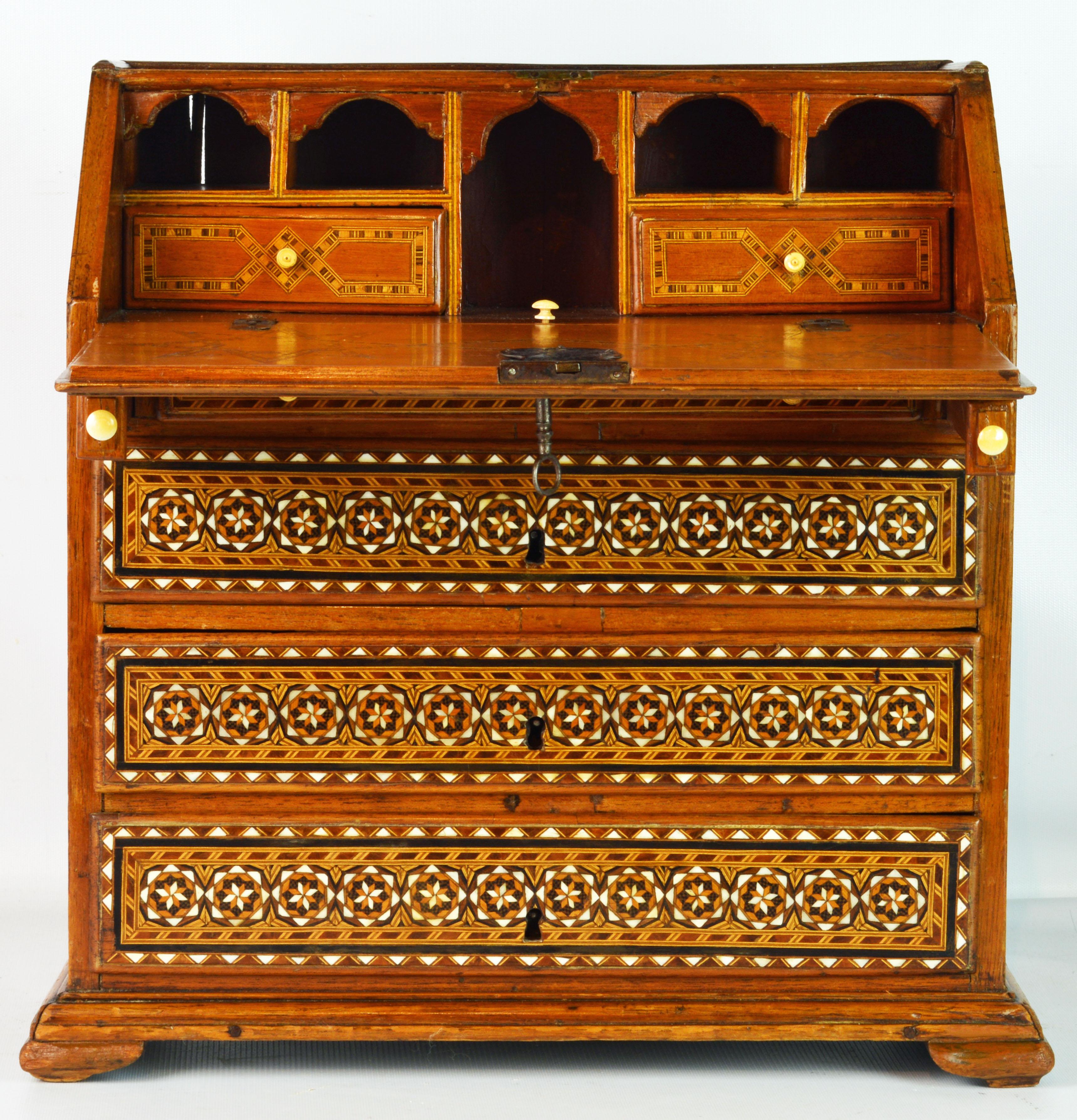 Rare 19th Century Anglo-Indian Bone Inlaid Miniature Slant Front Desk In Good Condition In Ft. Lauderdale, FL